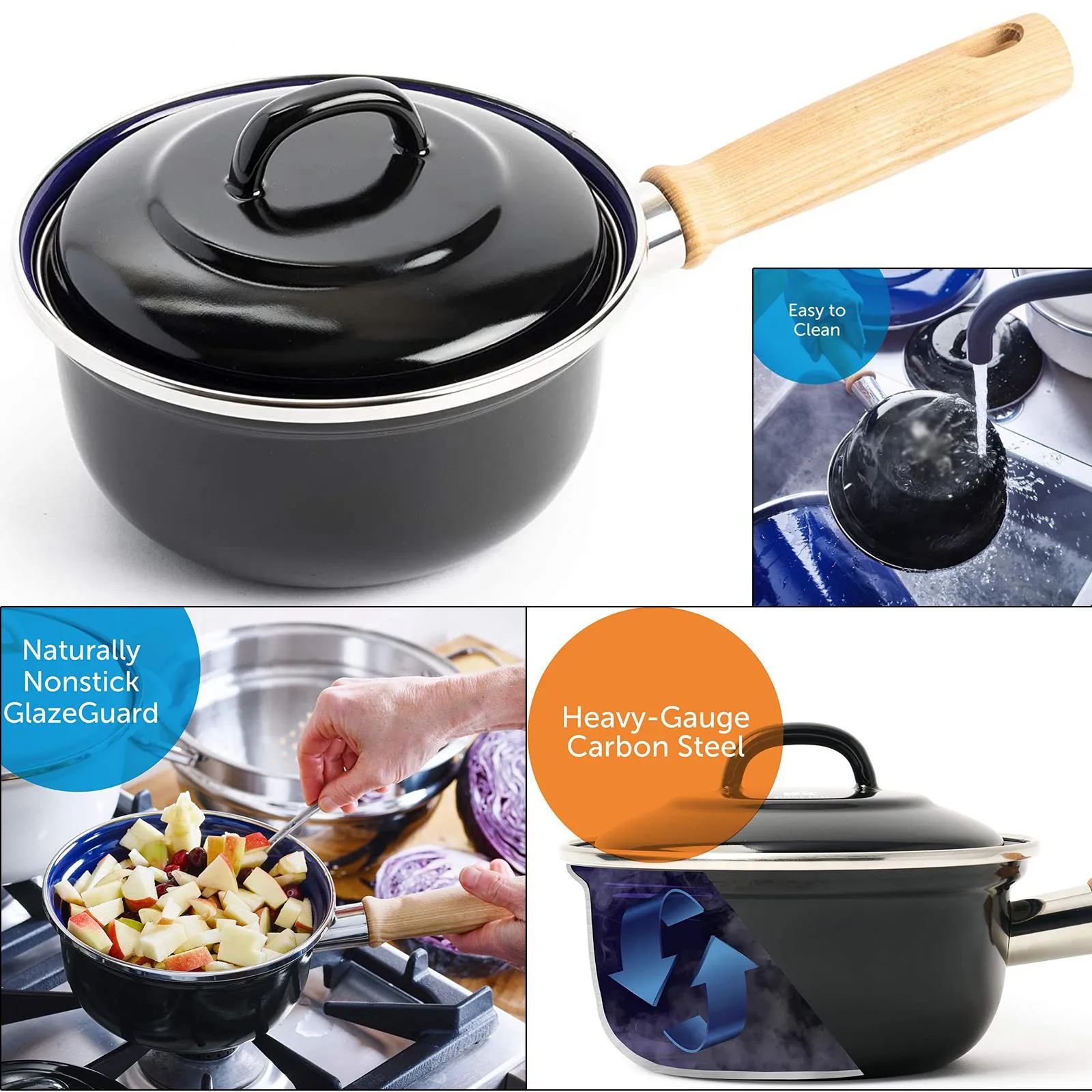 2 Pack Ceramic Non-Stick Enamelled Saucepan with Lid