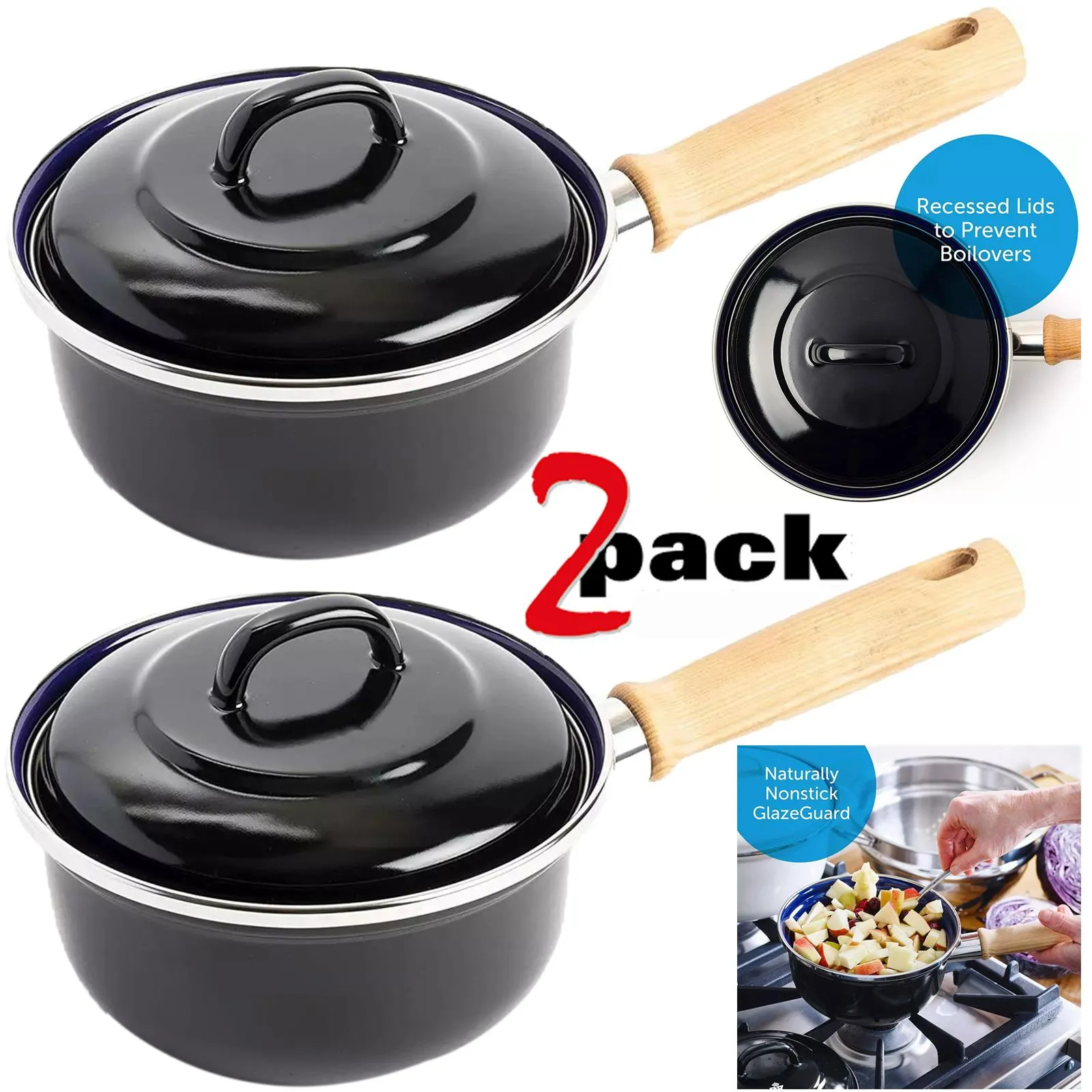 2 Pack Ceramic Non-Stick Enamelled Saucepan with Lid