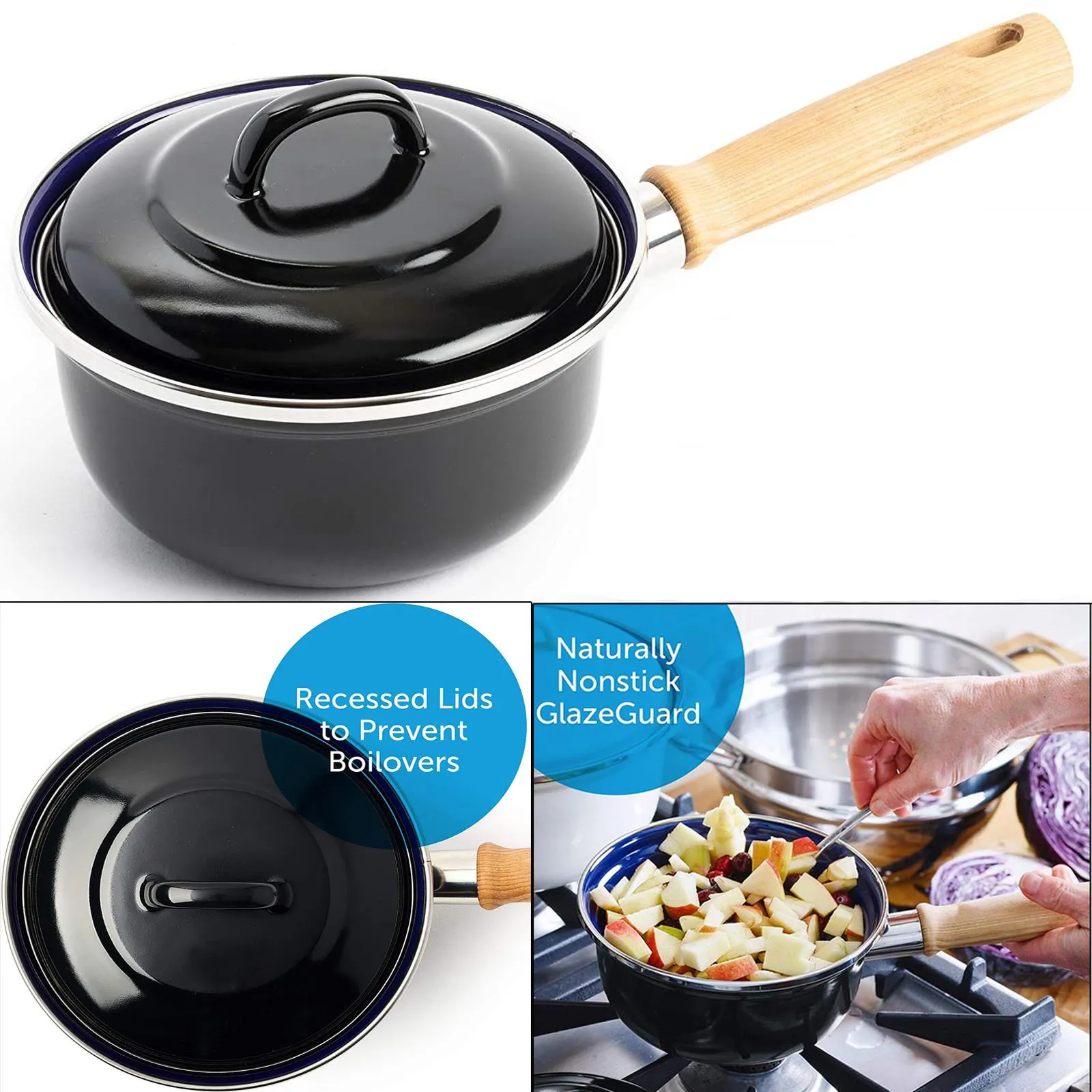 2 Pack Ceramic Non-Stick Enamelled Saucepan with Lid