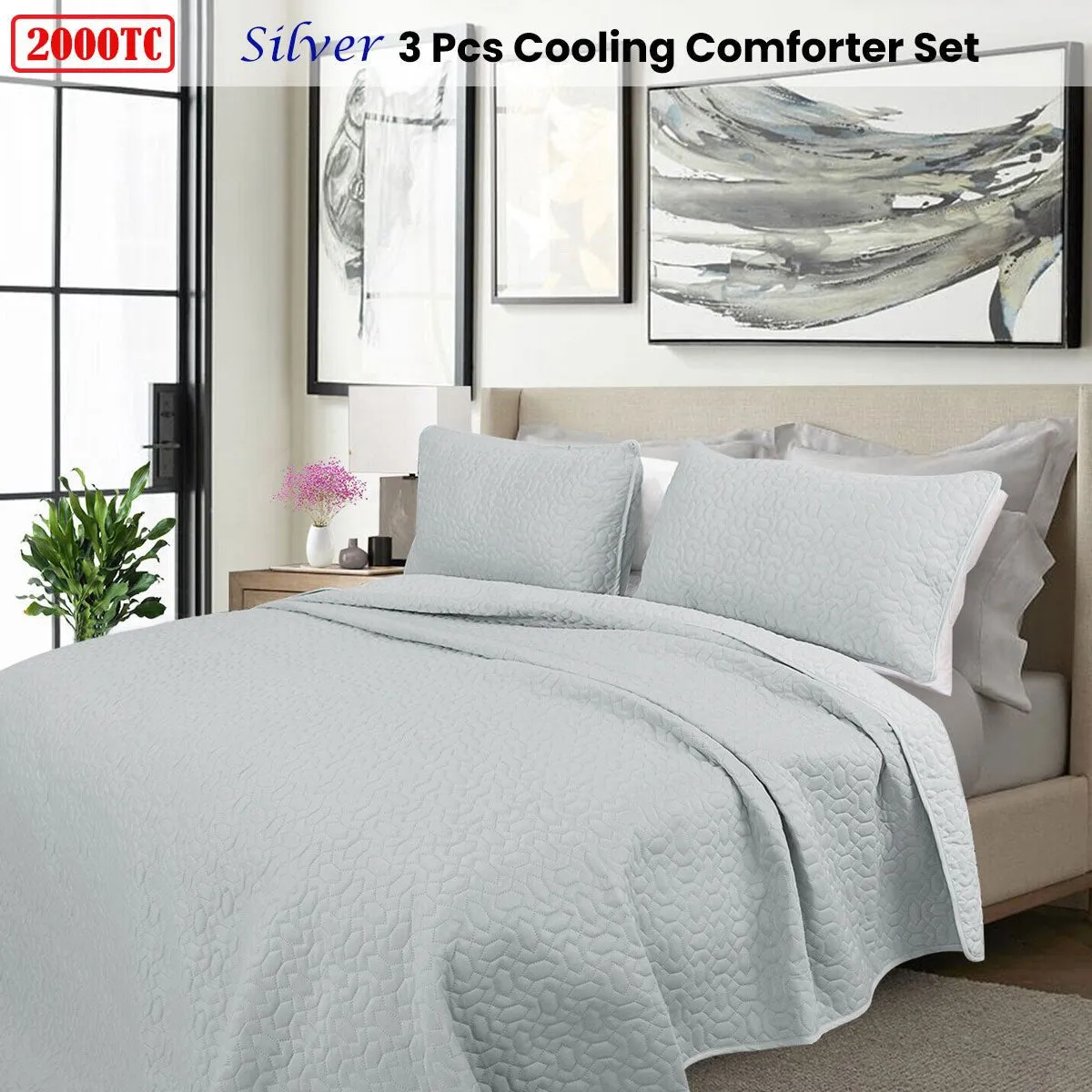 2000TC Silver Cooling Embroidered 3 Pcs Comforter Set Queen