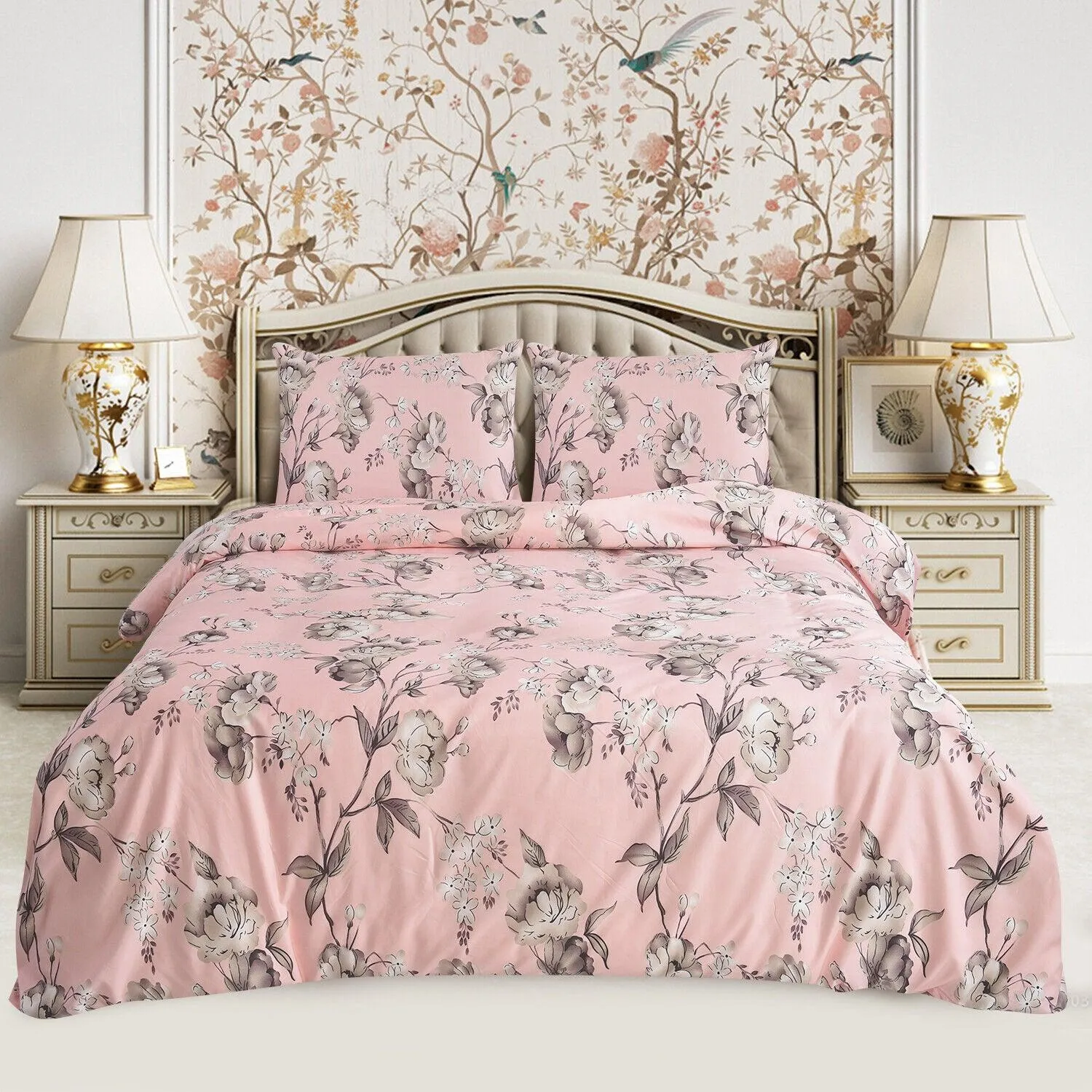 4 Piece Soft Floral Bedding-Blush Blossom Duvet Cover Set