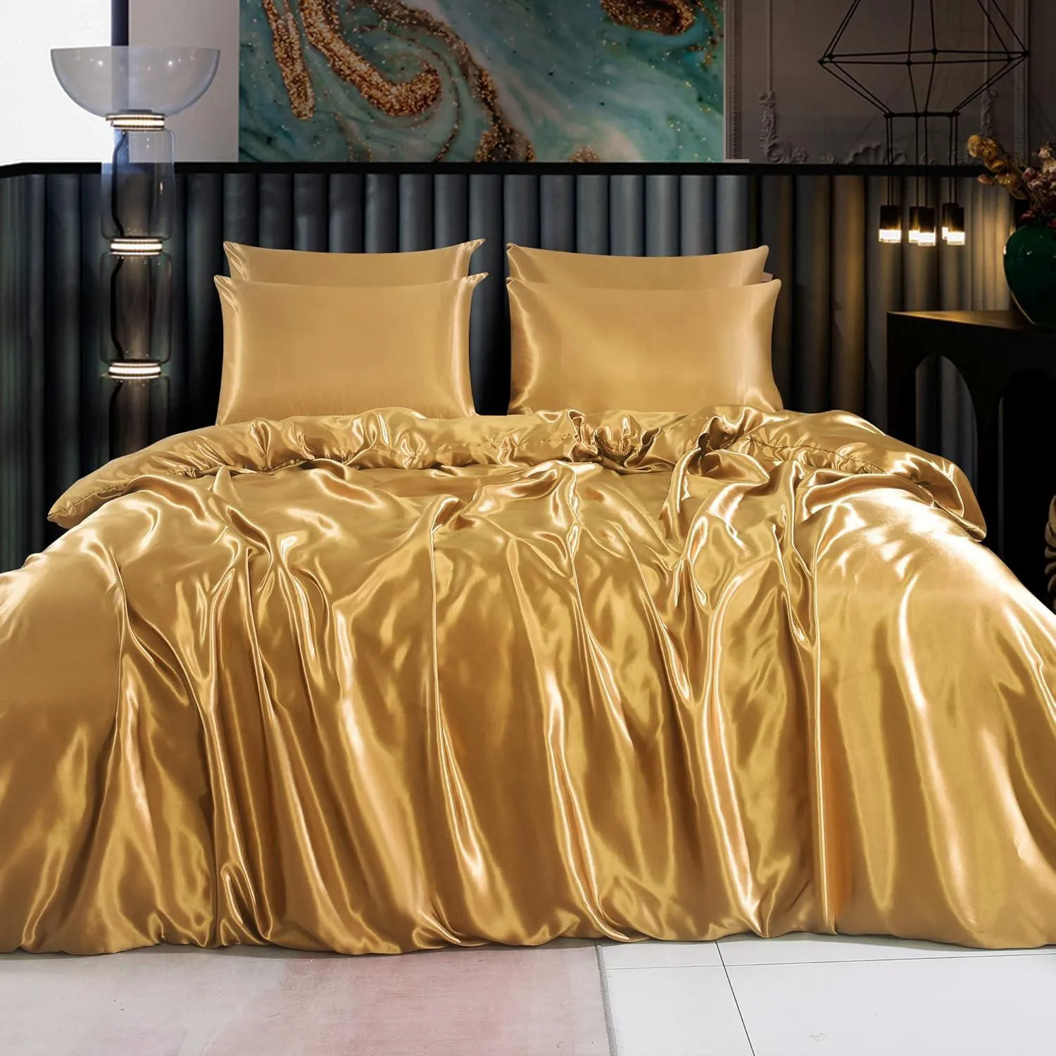 6PC Luxury Gold Satin Set – Includes Duvet Cover, Fitted Sheet & Pillowcases