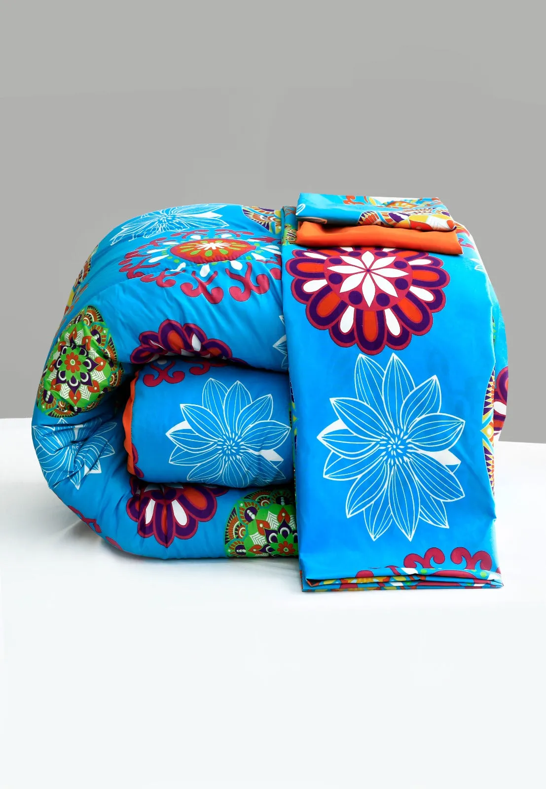 8 PCs Winter Comforter Set-15000Turquoise Flower