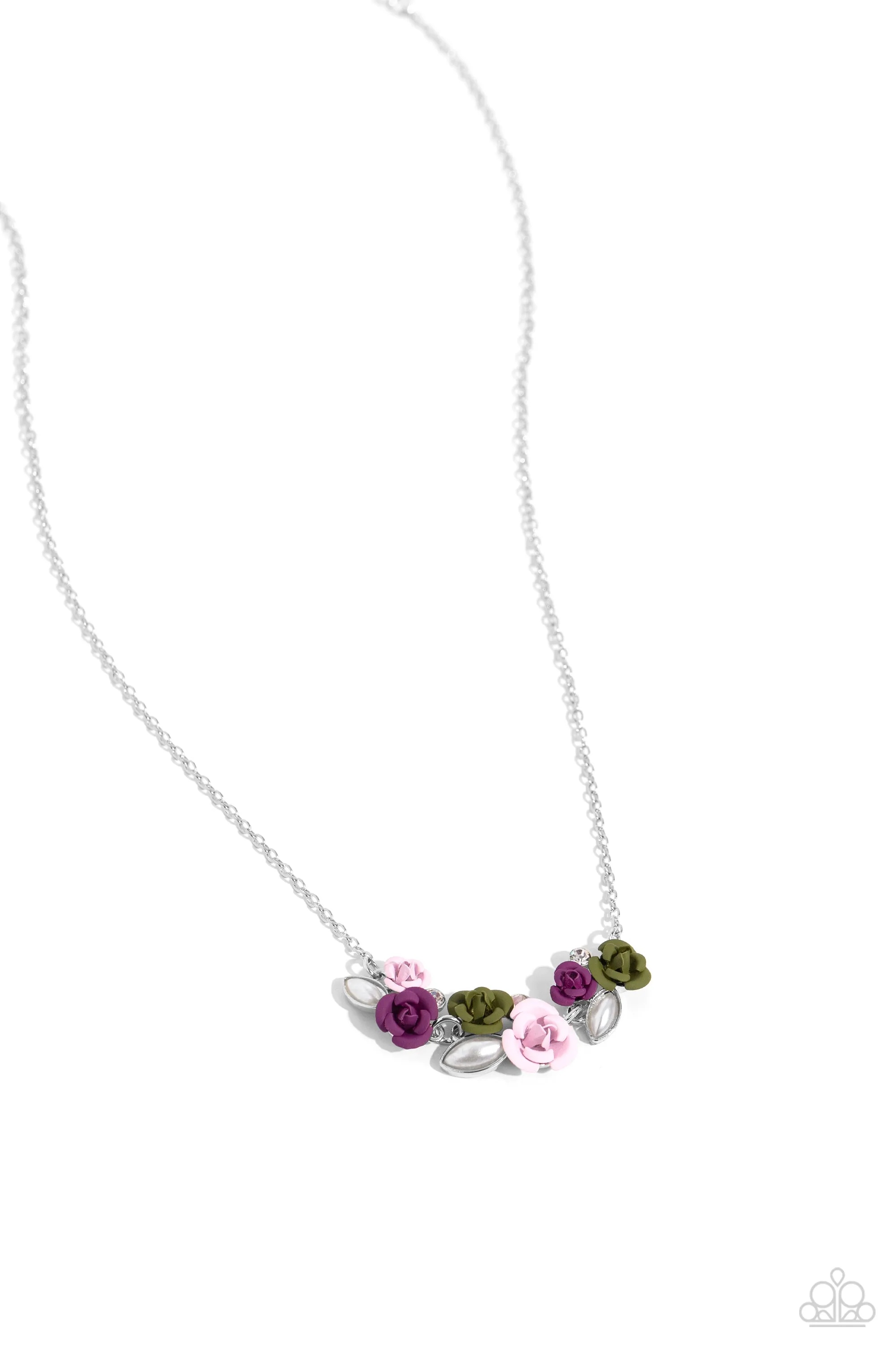 Al-ROSE Ready - Multi - Pink, Purple, Green Flower and White Pearl and Rhinestone Paparazzi Short Dainty Necklace