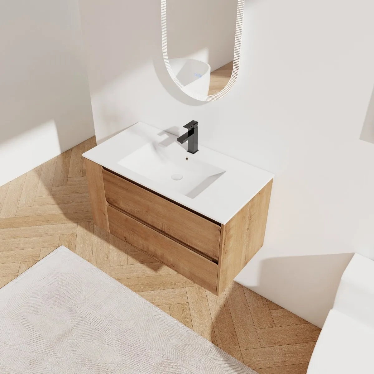 Allsumhome 36" Wall Mounting Floating Bathroom Vanity With Ceramic Sink,Imitative Oak Finish,Soft Close Drawer