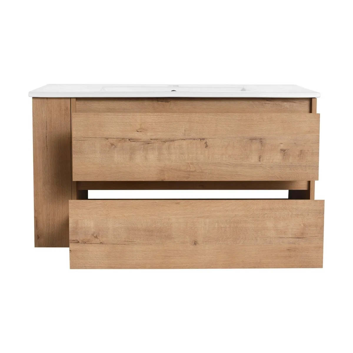 Allsumhome 36" Wall Mounting Floating Bathroom Vanity With Ceramic Sink,Imitative Oak Finish,Soft Close Drawer