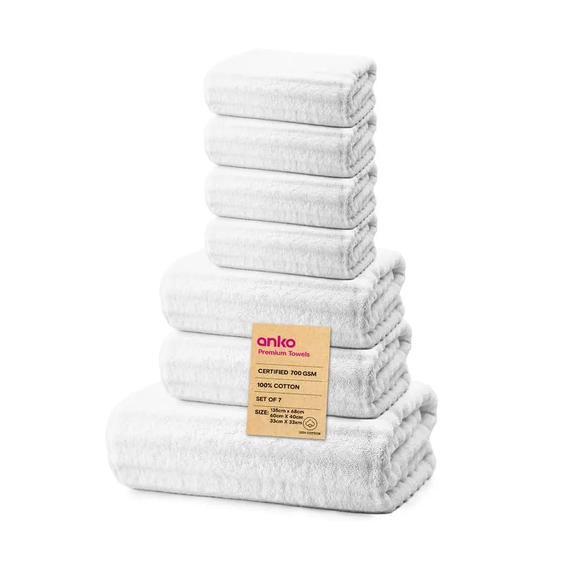 Anko Australia 100% Cotton 700 GSM Ribbed Towel Set | 1 Bath Towel, 2 Hand Towels, 4 Face Towels | Super-Soft, Absorbent, Quick-Drying | White Cotton Towels for Bath, Travel & Gym |