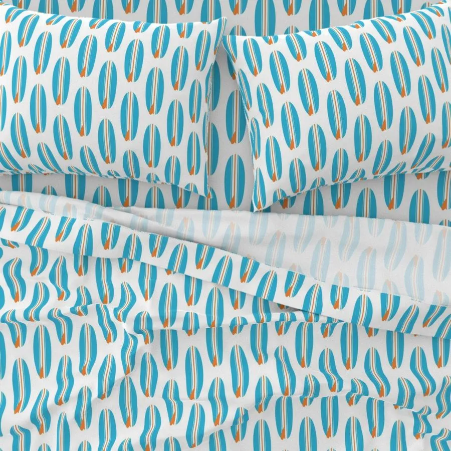 Aqua Ocean Blue and Orange Classic Surfboards Sheet Set from Surfer Bedding™️ Medium Scale