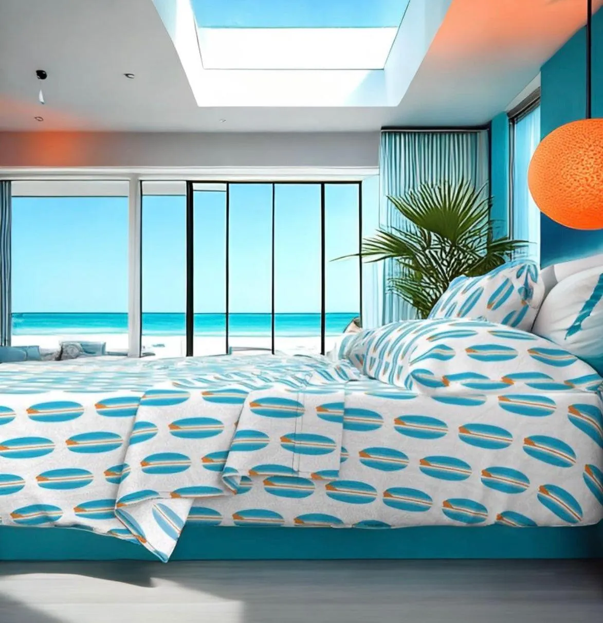 Aqua Ocean Blue and Orange Classic Surfboards Sheet Set from Surfer Bedding™️ Medium Scale