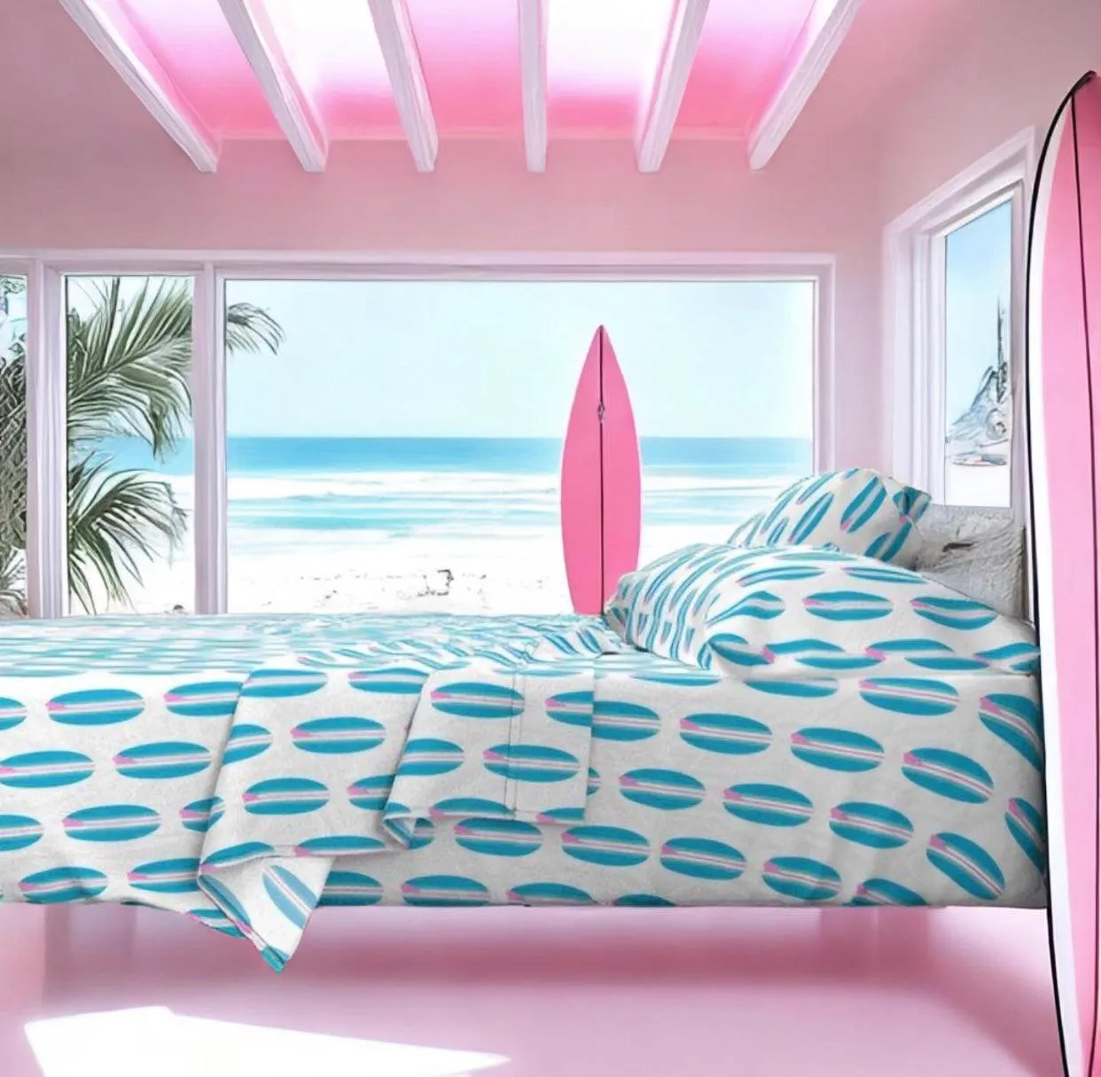 Aqua Ocean Blue and Soft Pink Classic Surfboards Sheet Set from Surfer Bedding™️ Medium Scale