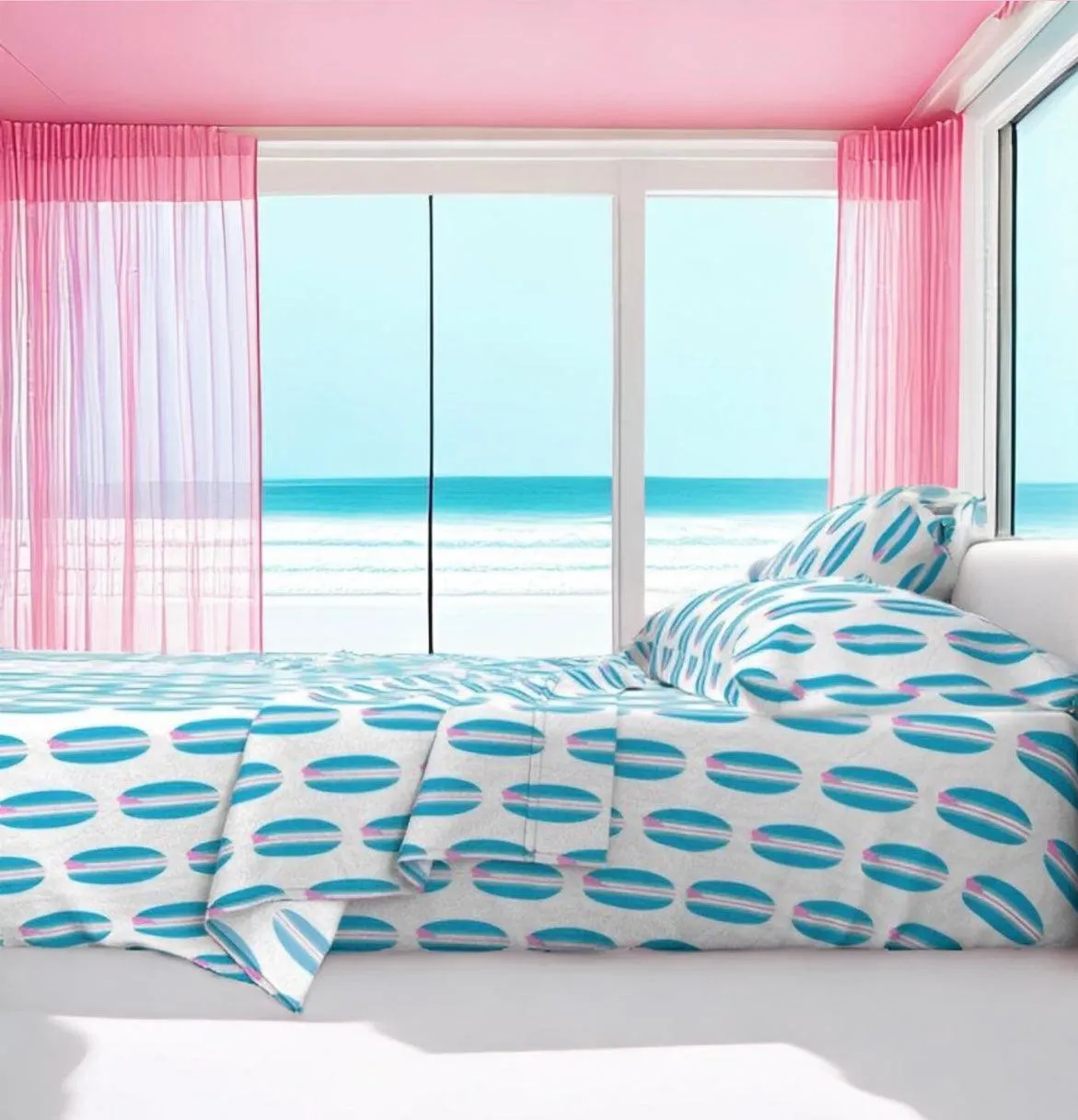 Aqua Ocean Blue and Soft Pink Classic Surfboards Sheet Set from Surfer Bedding™️ Medium Scale