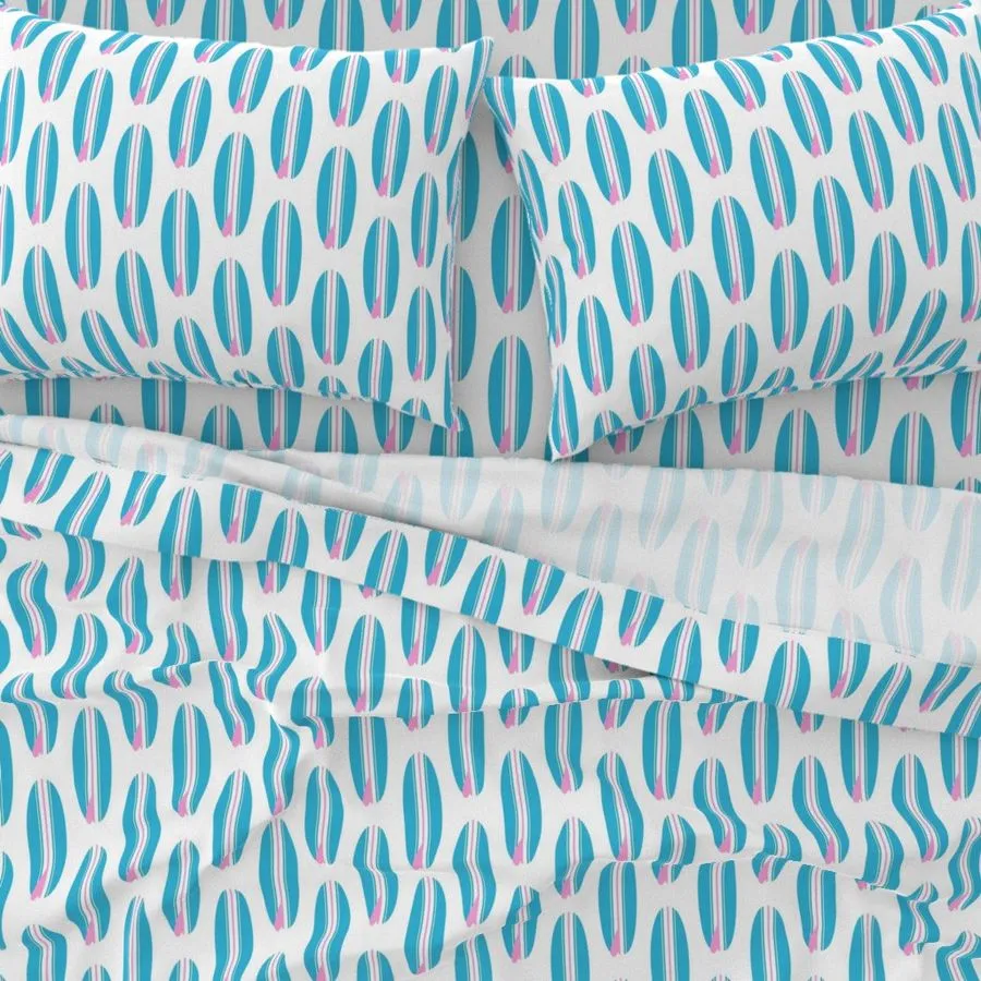 Aqua Ocean Blue and Soft Pink Classic Surfboards Sheet Set from Surfer Bedding™️ Medium Scale