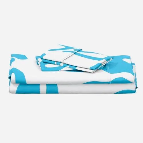 Aqua Ocean Blue Hawaiian Flowers on White Sheet Set from Surfer Bedding™️ Large Scale