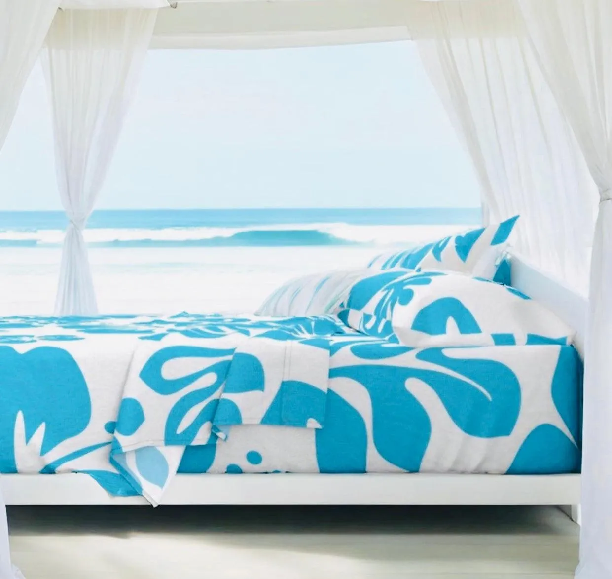 Aqua Ocean Blue Hawaiian Flowers on White Sheet Set from Surfer Bedding™️ Large Scale