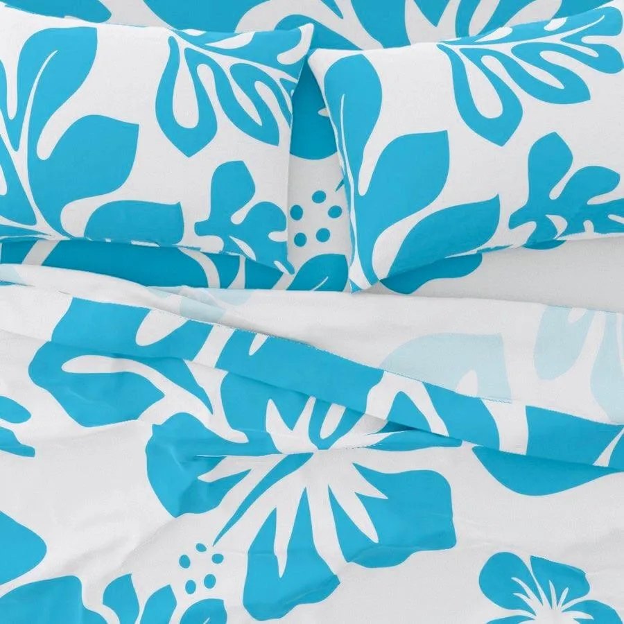 Aqua Ocean Blue Hawaiian Flowers on White Sheet Set from Surfer Bedding™️ Large Scale