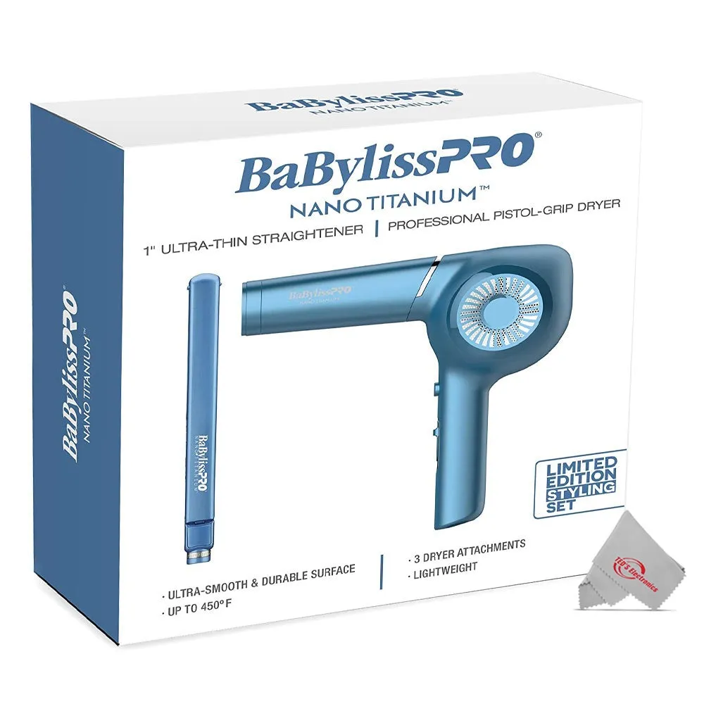 BaBylissPRO Nano Titanium 1" Ultra-Thin Straightener & Professional Pistol-Grip Hair Dryer (Blue)