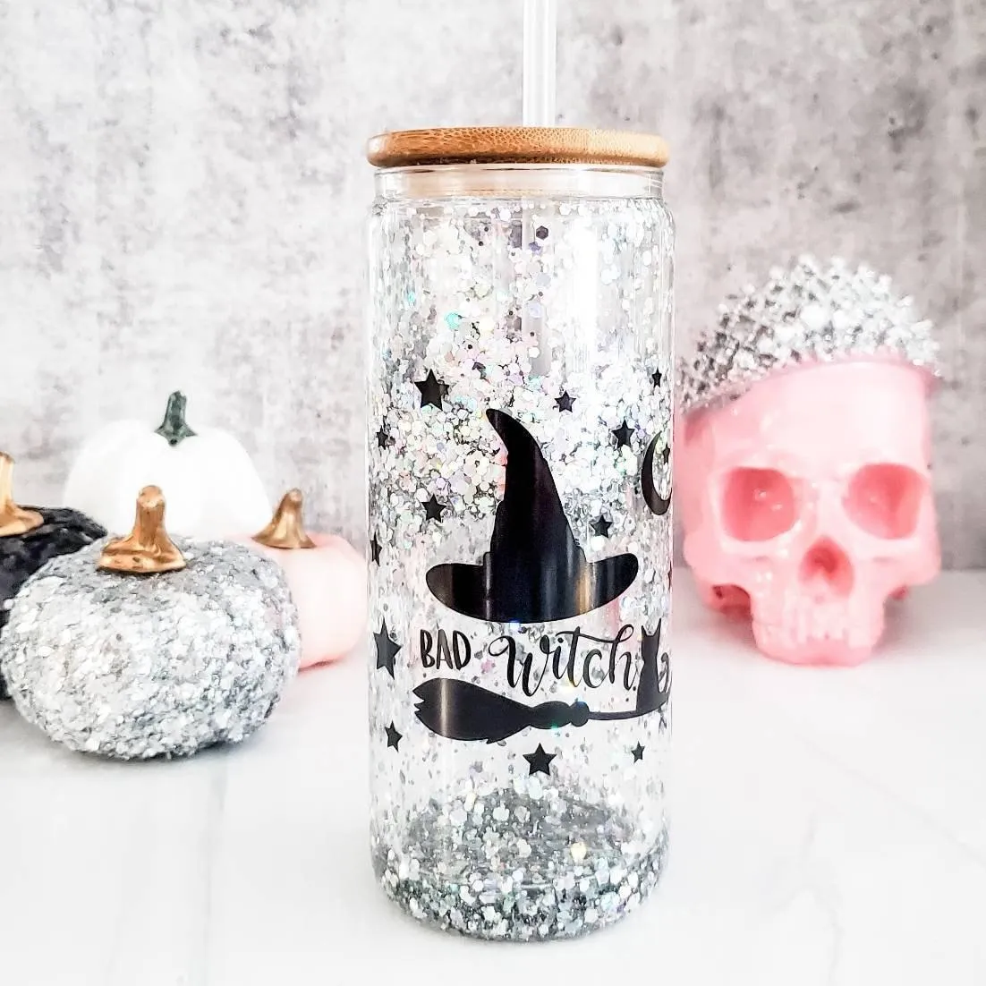 Bad Witch Halloween Snow Globe Glitter Iced Coffee Cup by Salt and Sparkle