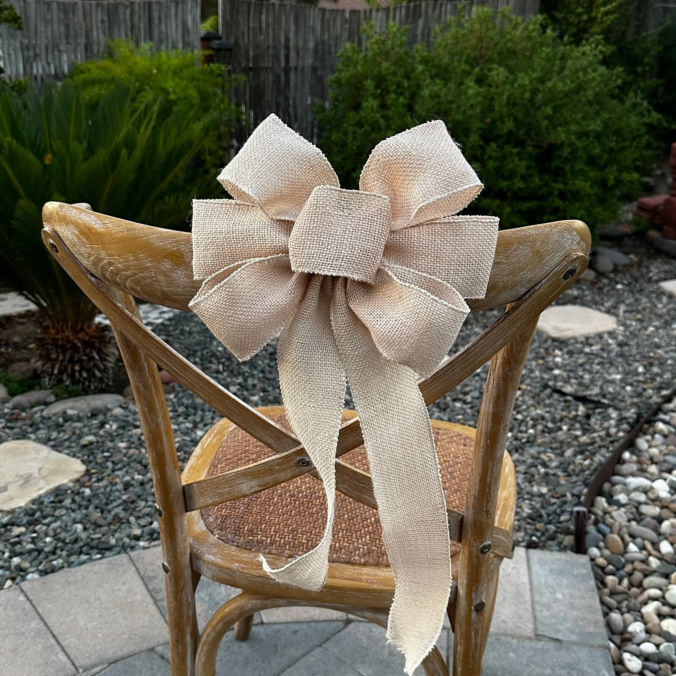 Beige Burlap Ribbon Wreath Bow - 10" Wide, 18" Long Tails