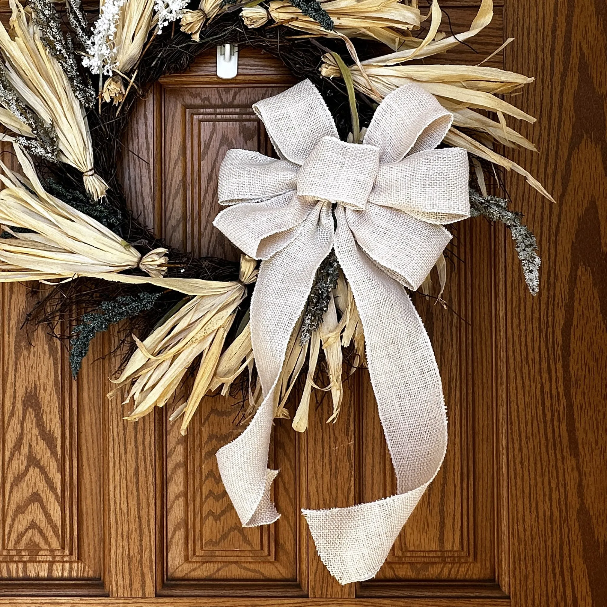 Beige Burlap Ribbon Wreath Bow - 10" Wide, 18" Long Tails