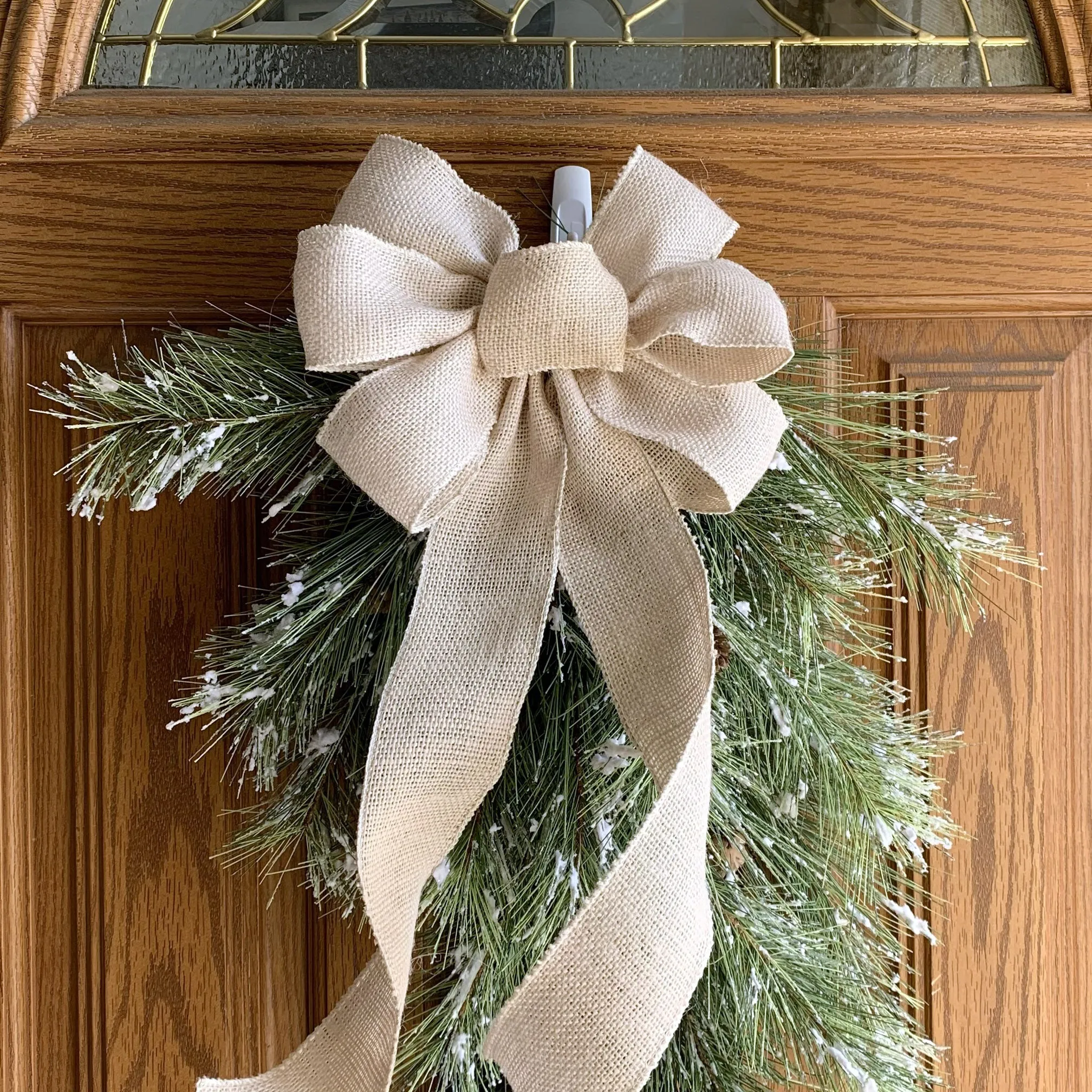 Beige Burlap Ribbon Wreath Bow - 10" Wide, 18" Long Tails