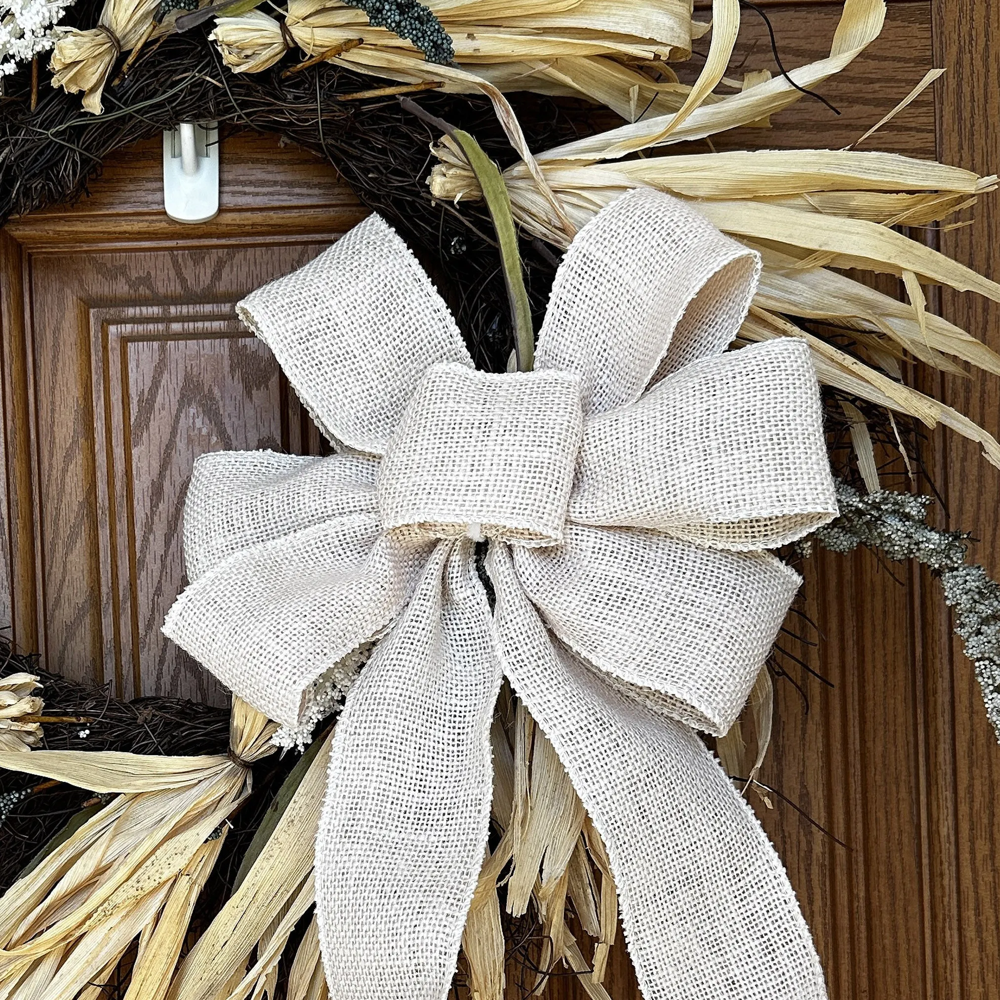 Beige Burlap Ribbon Wreath Bow - 10" Wide, 18" Long Tails