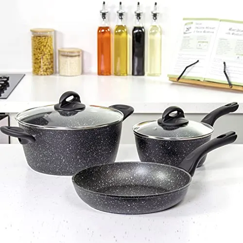 Blackmoor Pan Sets / 2, 3 and 4 Piece Sets / 2 Colours/Non-Stick/Cool-Touch Handles/Scratch Resistant/Suitable for Induction, Electric and Gas Hobs (Black, 3 Piece Mixed)