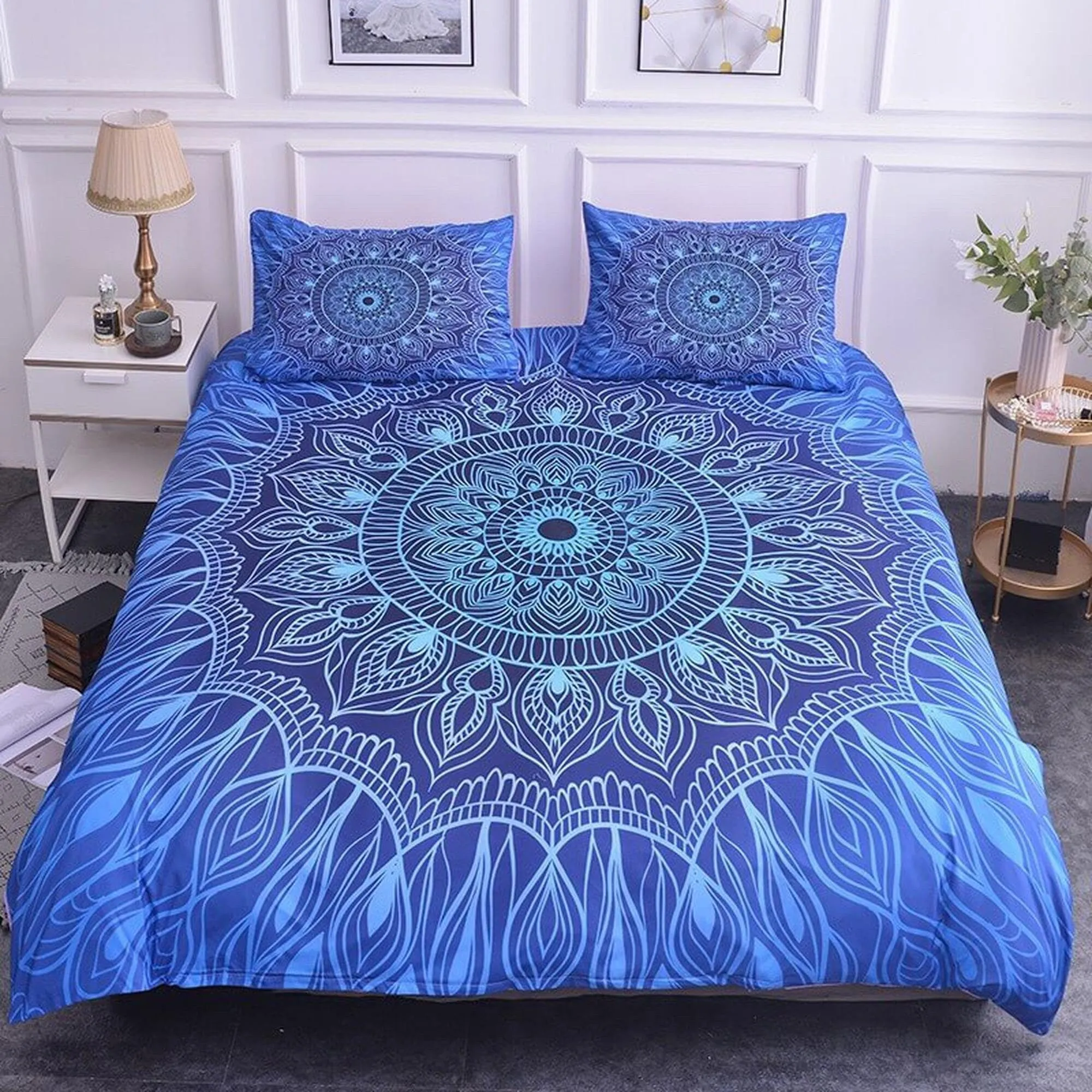 Blue mandala duvet cover boho bedding set full, queen, king, dorm bedding, aesthetic room decor indian bedspread maximalist decor