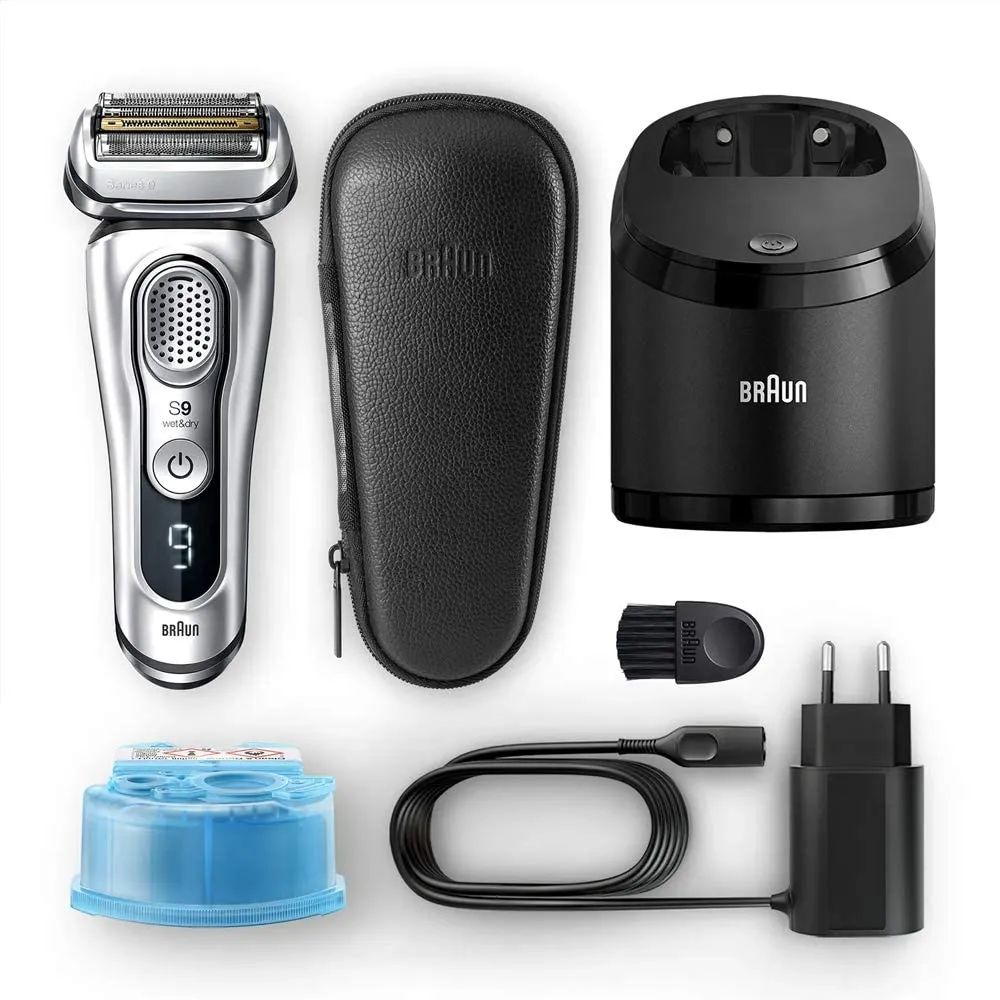 Braun Shaver  Series 9 9390cc Wet & Dry shaver with Clean & Charge station and leather travel case, Silver