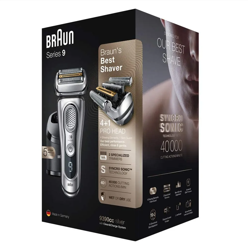 Braun Shaver  Series 9 9390cc Wet & Dry shaver with Clean & Charge station and leather travel case, Silver