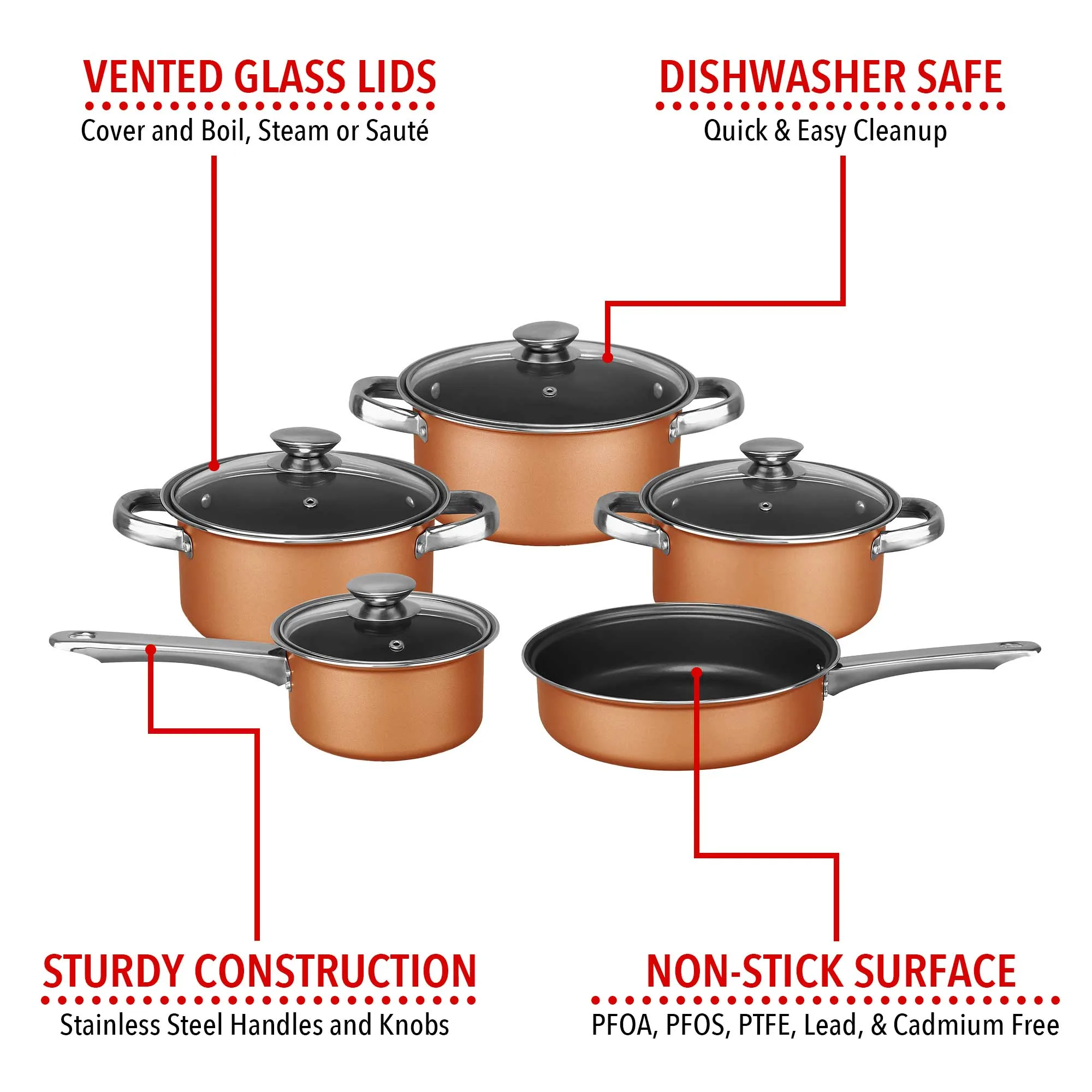 Brentwood BPS-309C 9-Piece Non-Stick Cookware Set, Copper