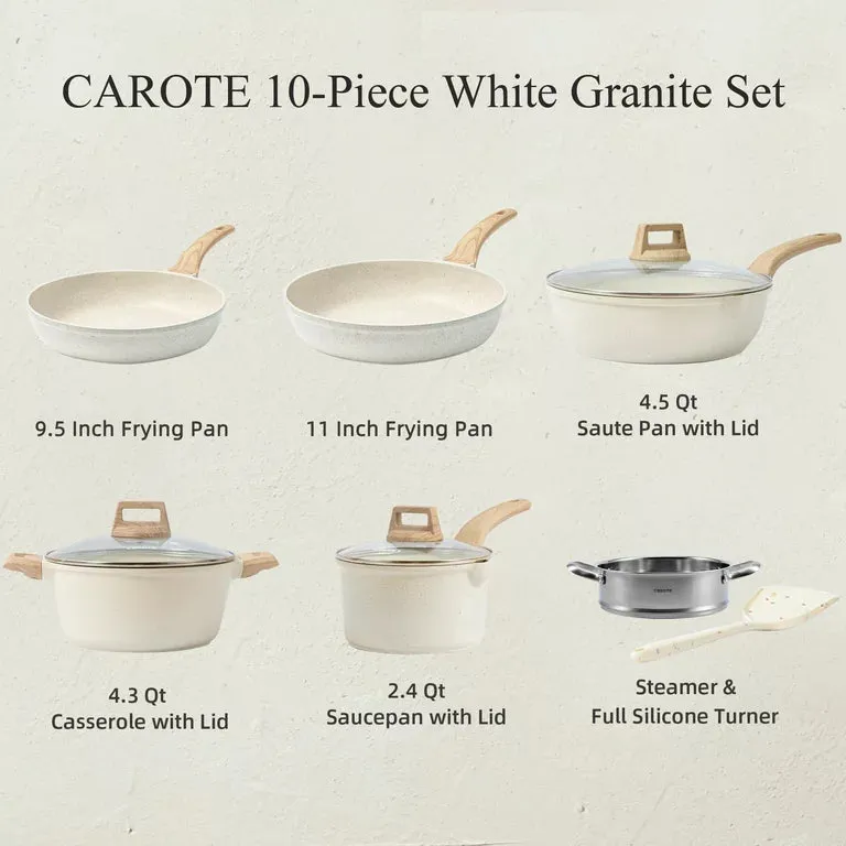 Carote Nonstick Pots and Pans Set, 10 Pcs Granite Stone Kitchen Cookware Sets (White)