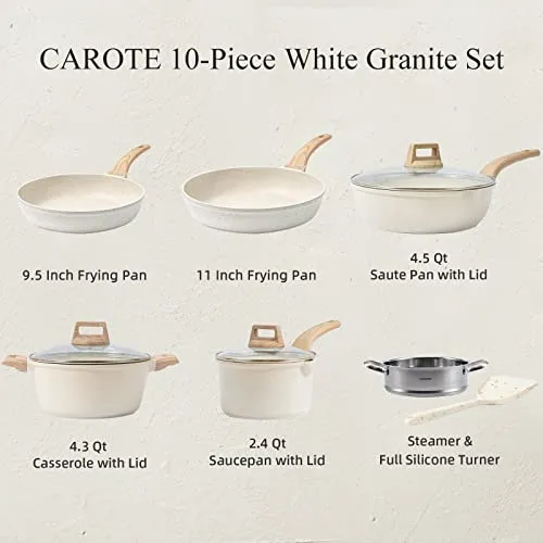 CAROTE Pots and Pans Set Nonstick, White Granite Induction Kitchen Cookware Sets, 10 Pcs Non Stick Cooking Set w/Frying Pans & Saucepans(PFOS, PFOA Free)