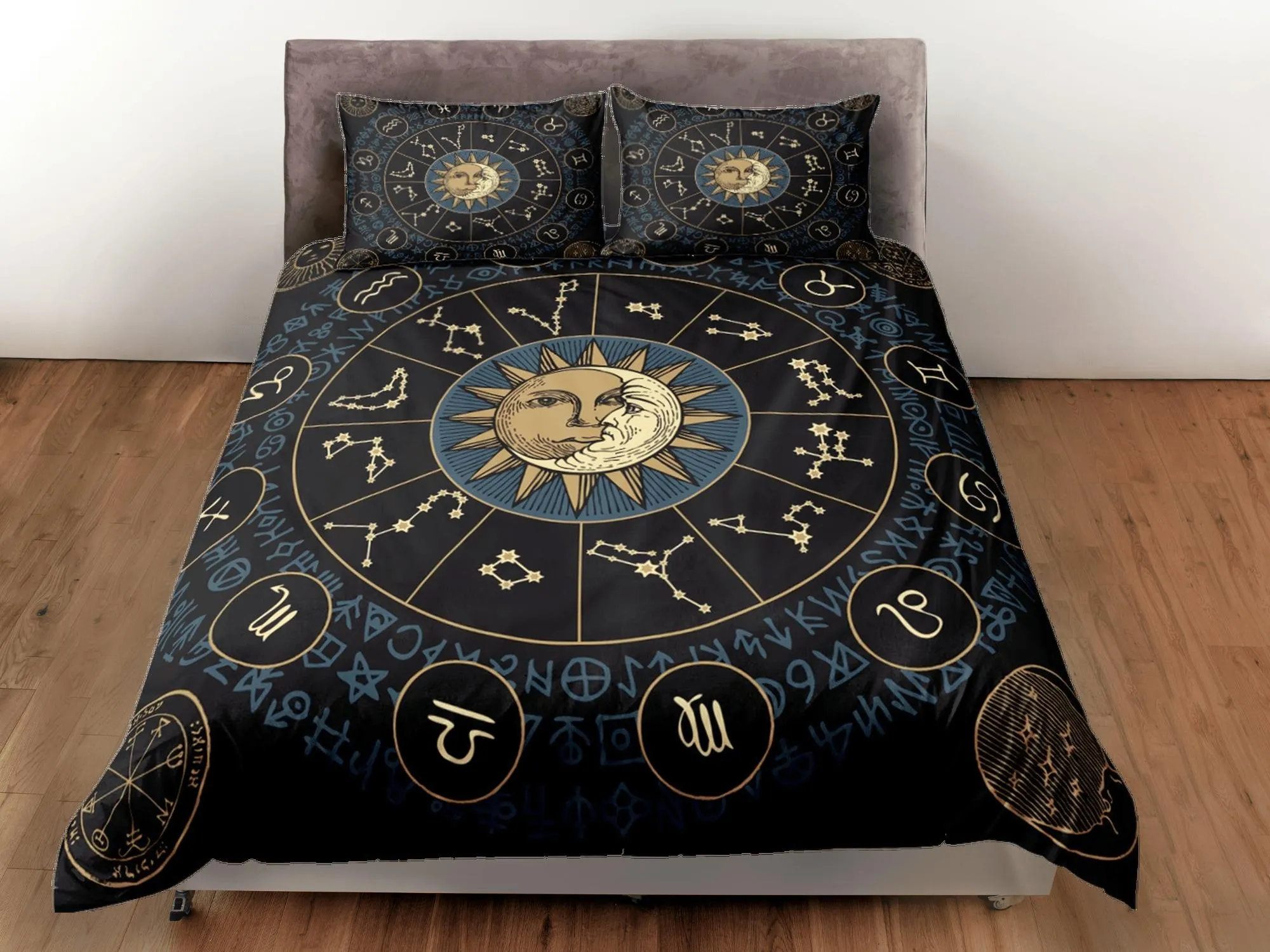 Celestial bedding zodiac horoscope, witchy decor dorm bedding, aesthetic duvet, boho bedding set full king queen, astrology gift gothic