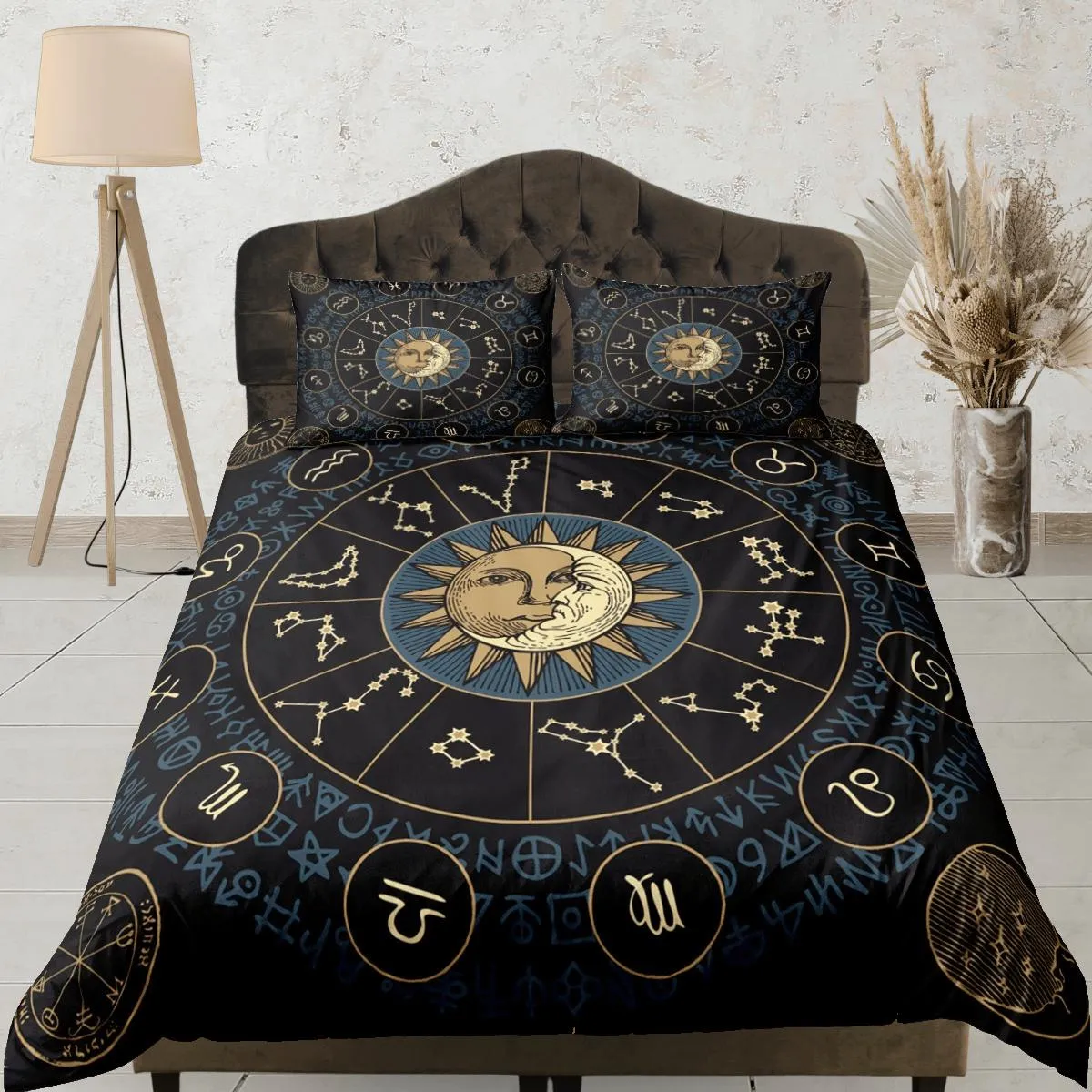 Celestial bedding zodiac horoscope, witchy decor dorm bedding, aesthetic duvet, boho bedding set full king queen, astrology gift gothic