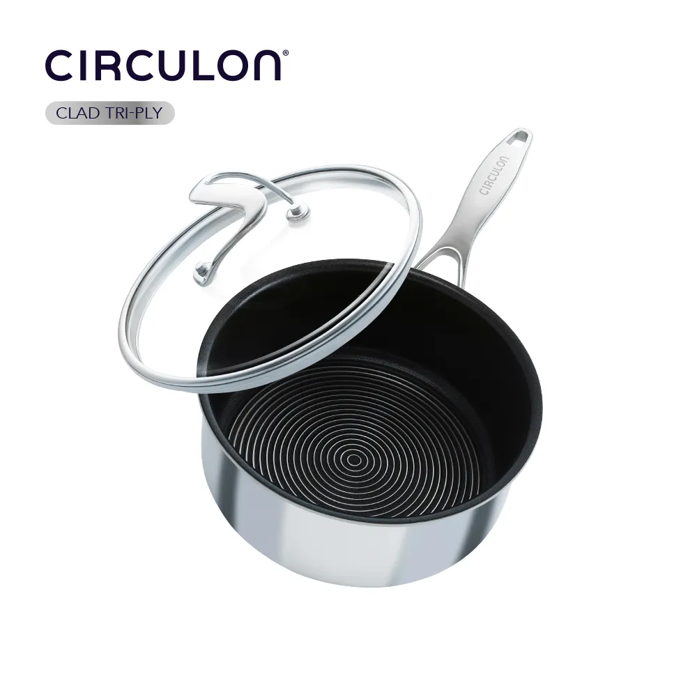 Circulon Clad Stainless Steel Saucepan with Glass Lid and Hybrid SteelShield and Nonstick Technology, 2-Quart, 1.9L, Silver