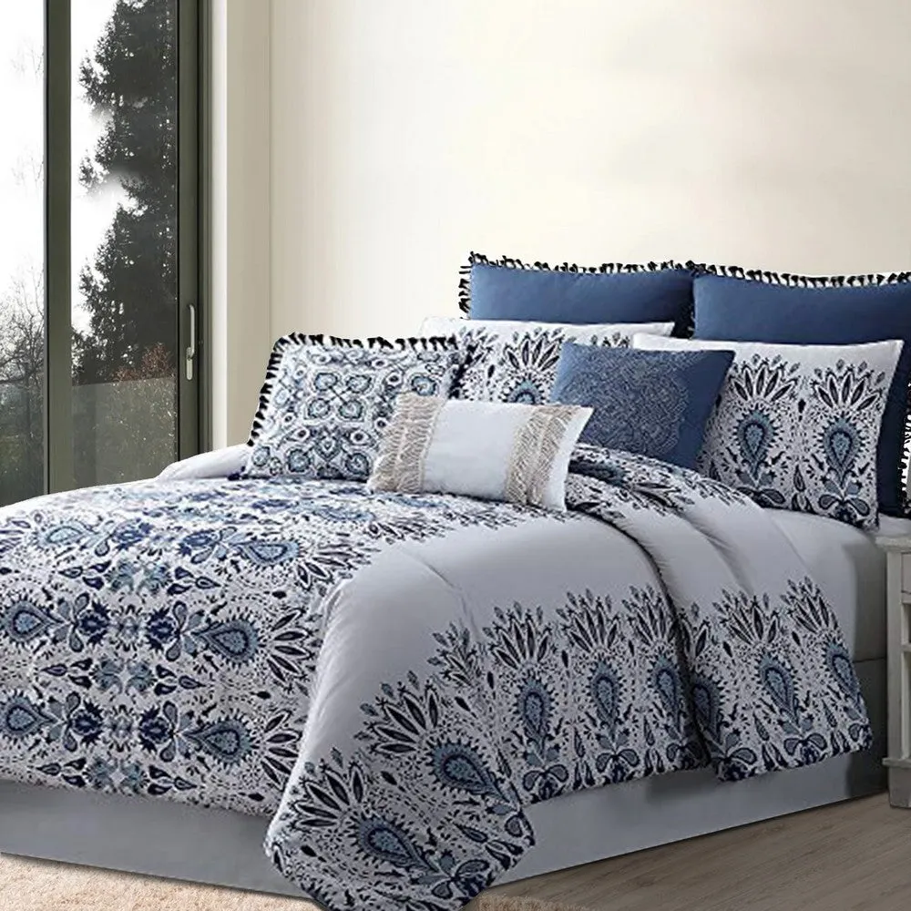 Constanta 8 Piece Queen Comforter Set with Floral Print ,Blue and White By Casagear  Home