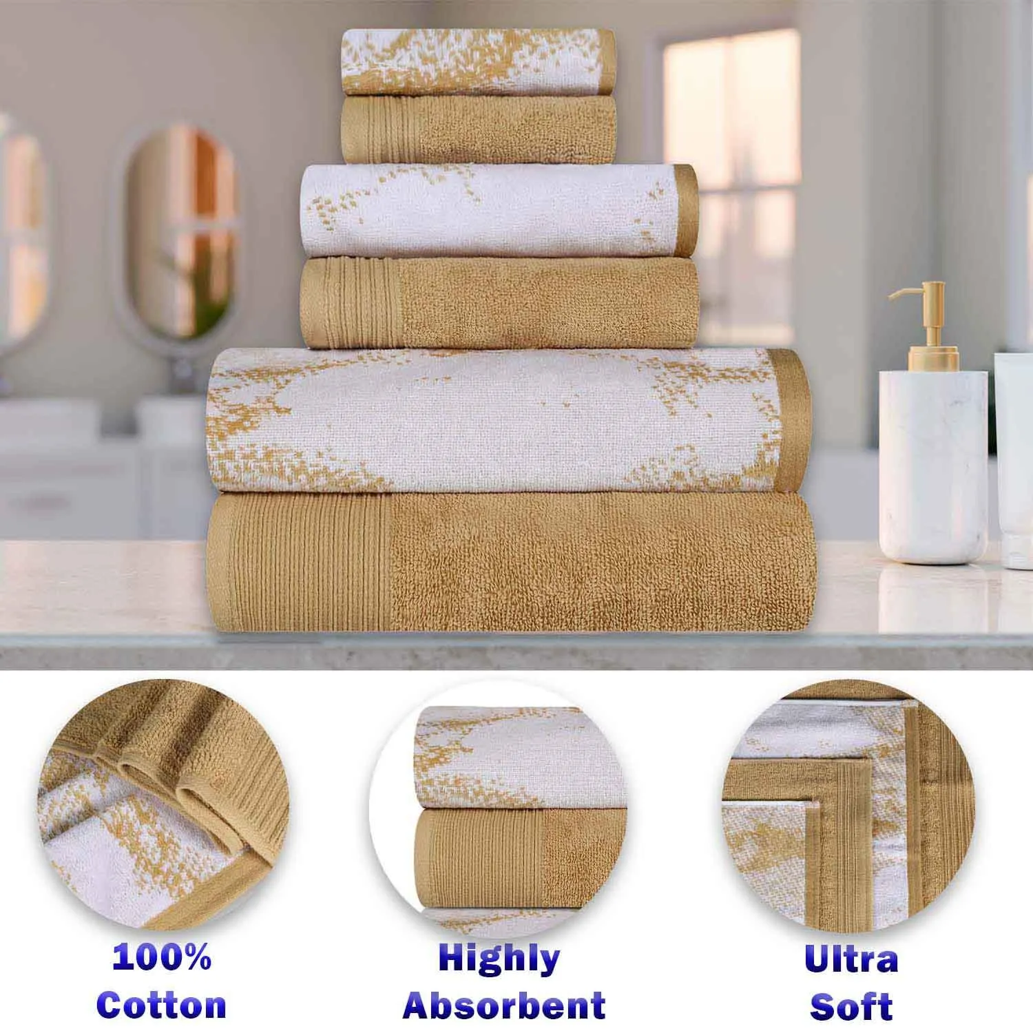 Cotton Marble and Solid Quick Dry 6 Piece Assorted Bathroom Towel Set