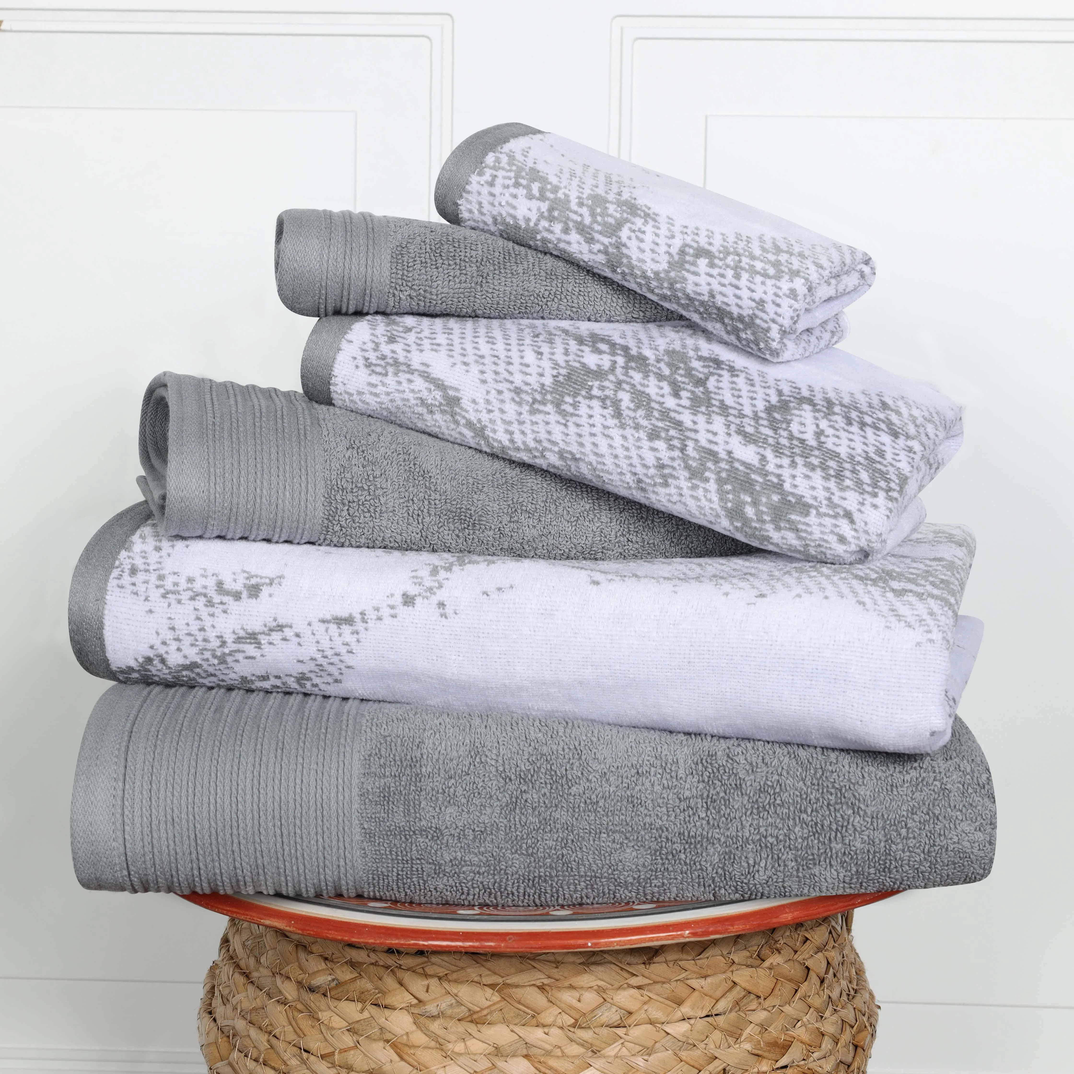 Cotton Marble and Solid Quick Dry 6 Piece Assorted Bathroom Towel Set