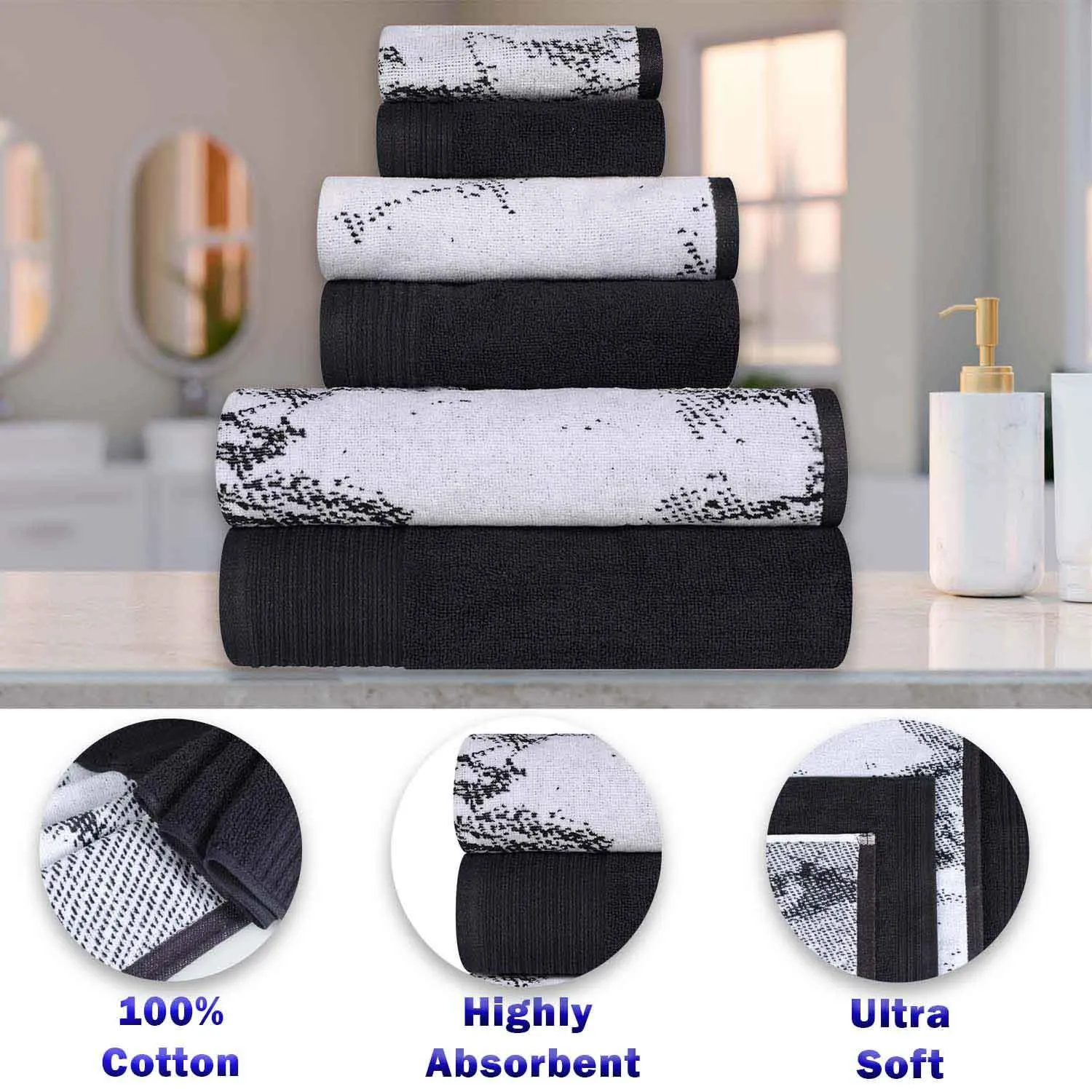 Cotton Marble and Solid Quick Dry 6 Piece Assorted Bathroom Towel Set