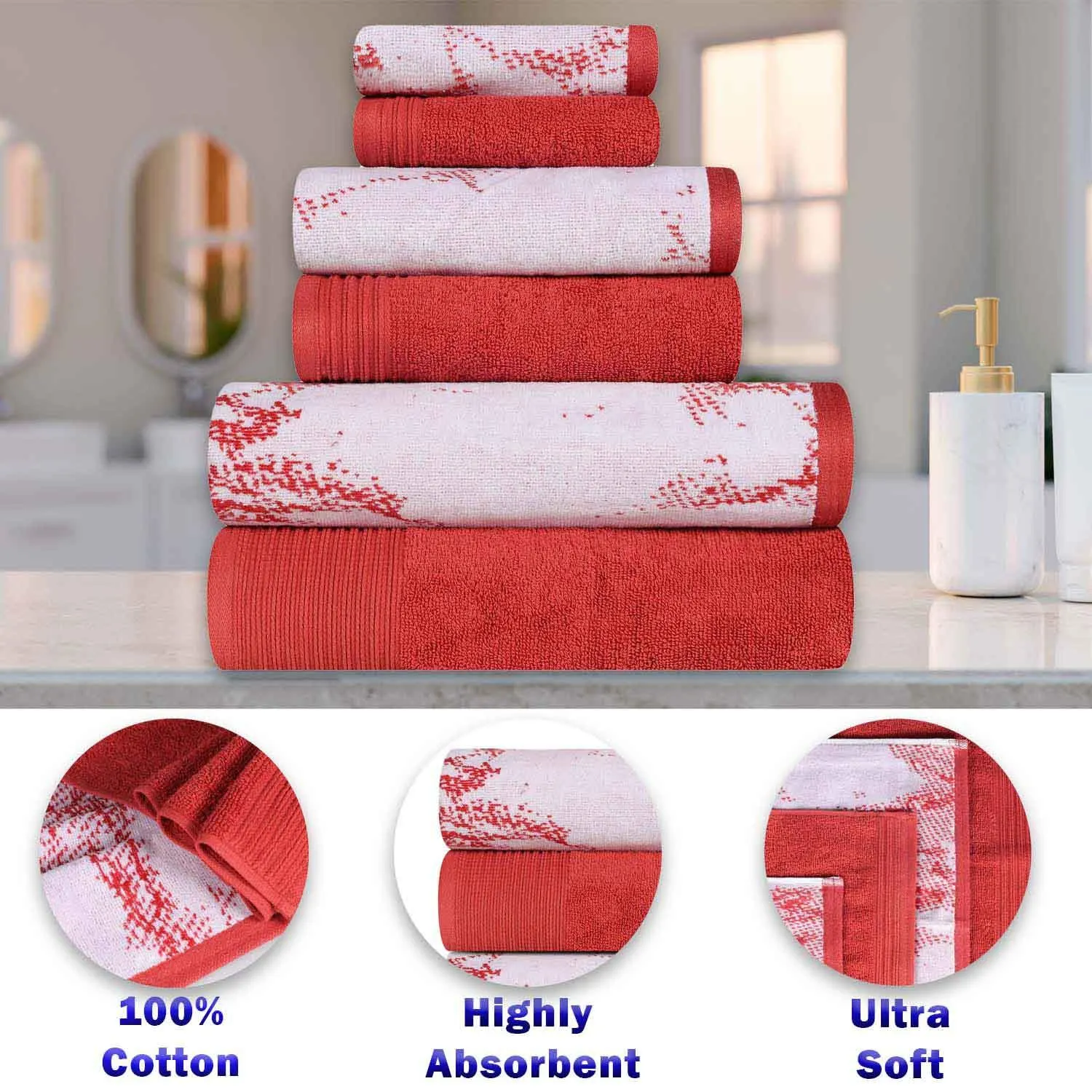 Cotton Marble and Solid Quick Dry 6 Piece Assorted Bathroom Towel Set