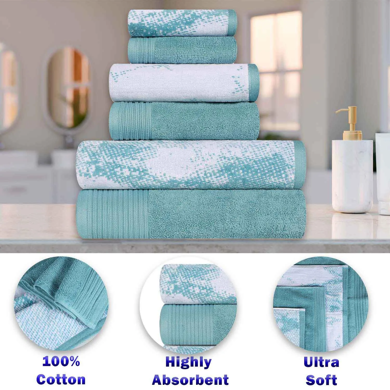 Cotton Marble and Solid Quick Dry 6 Piece Assorted Bathroom Towel Set