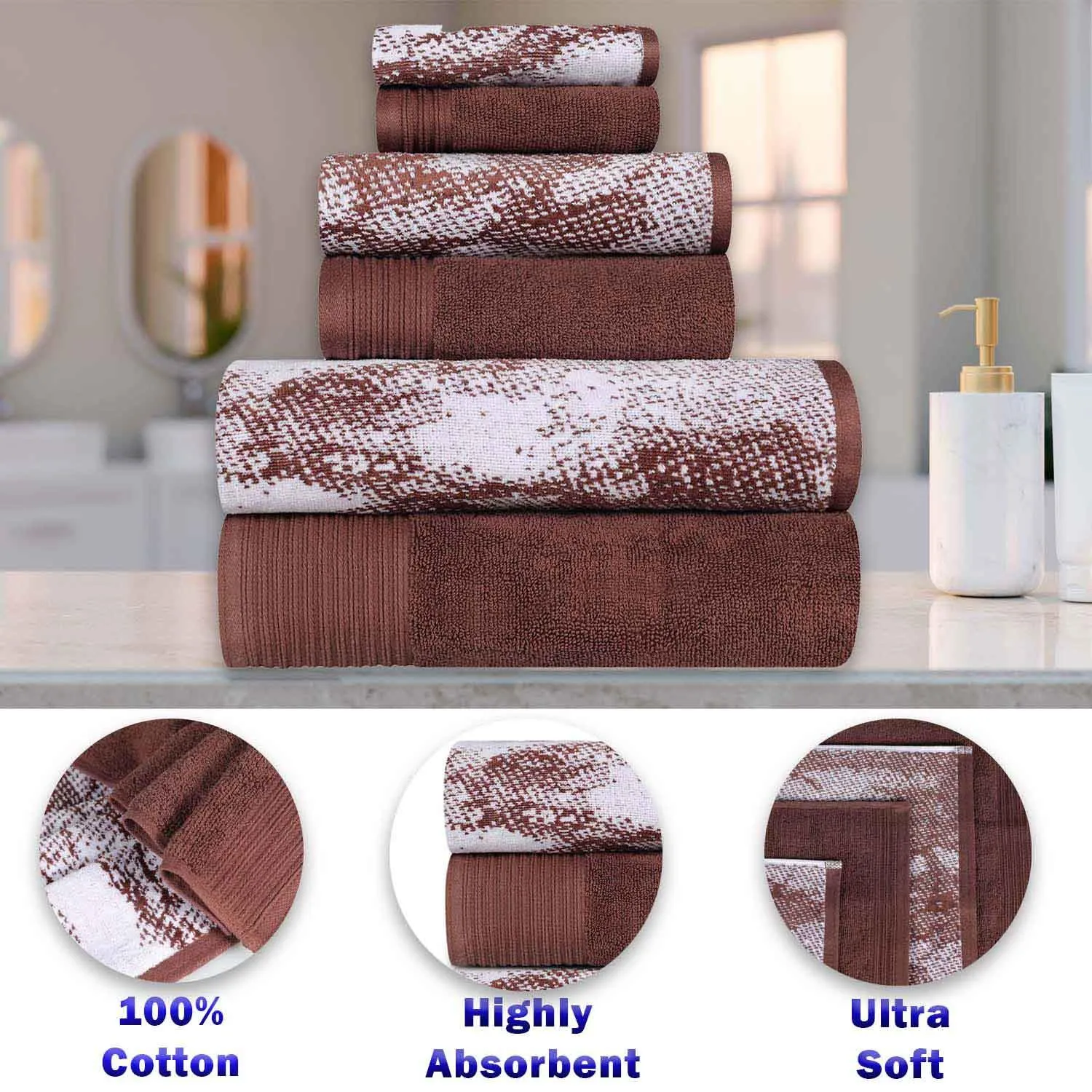 Cotton Marble and Solid Quick Dry 6 Piece Assorted Bathroom Towel Set