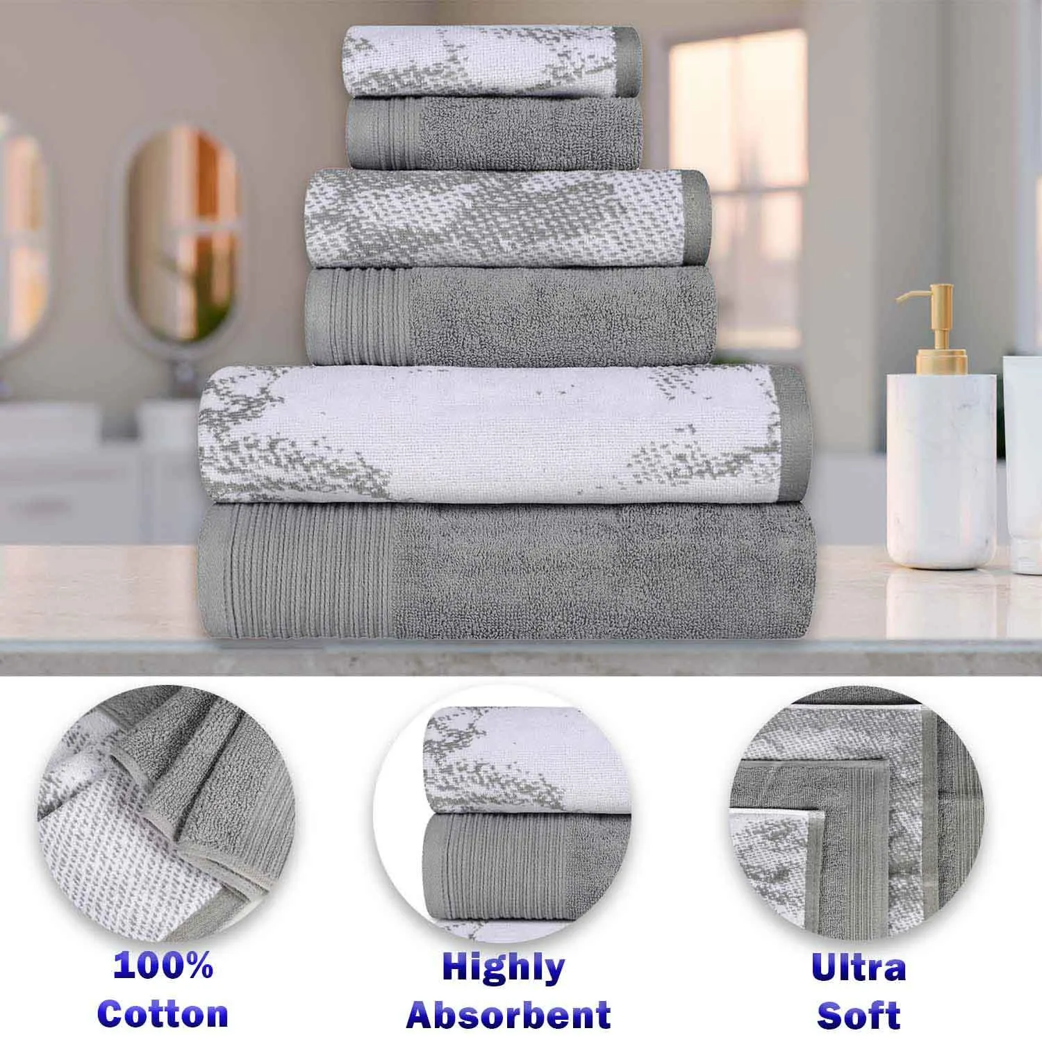 Cotton Marble and Solid Quick Dry 6 Piece Assorted Bathroom Towel Set