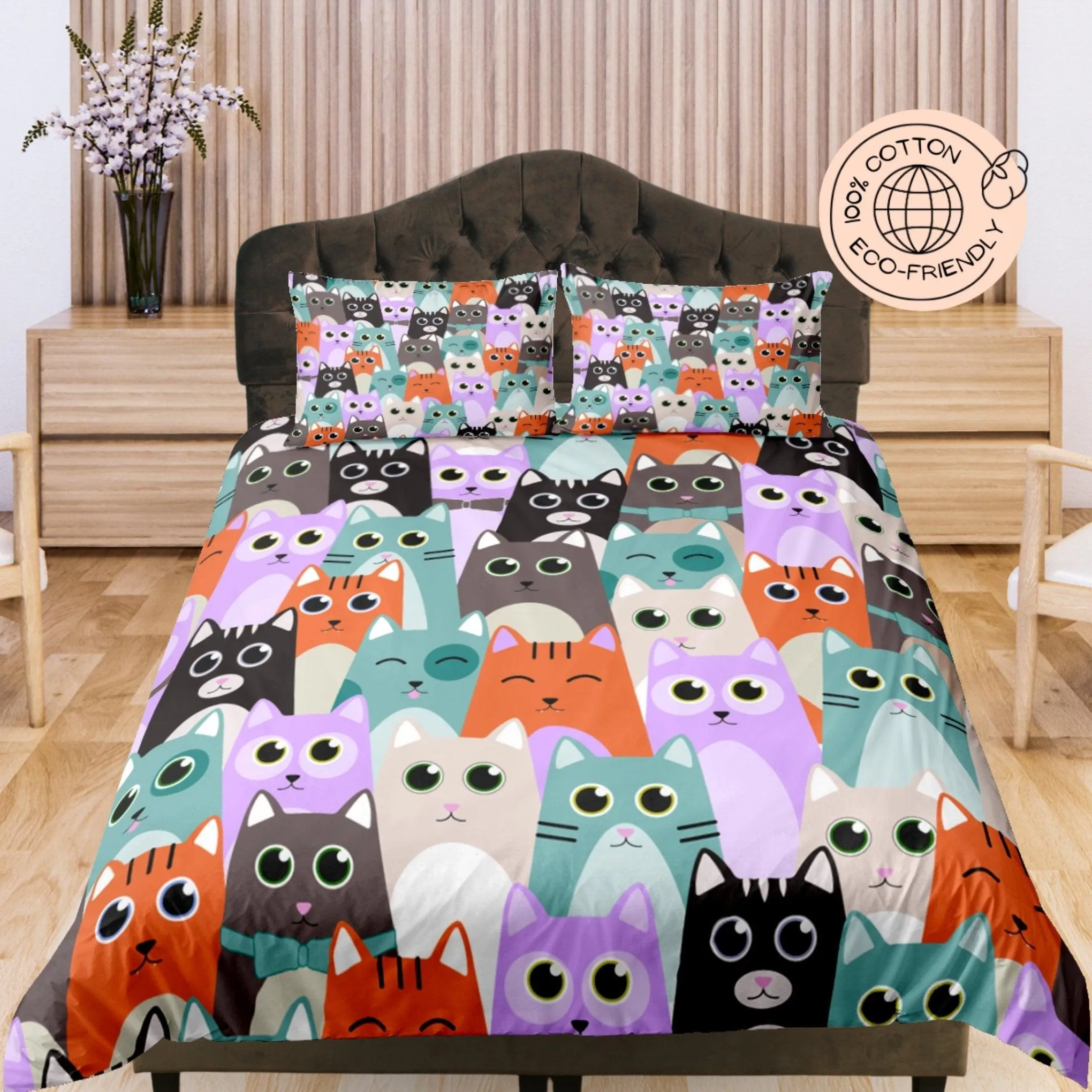 Cute Cats with Big Expressive Eyes, Cotton Duvet Cover Set for Kids, Toddler Bedding, Baby Zipper Bedding, Nursery Bedding, Crib Blanket