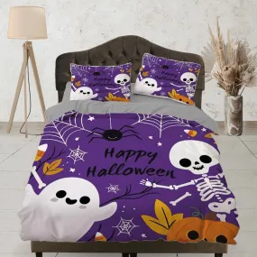 Cute ghost, spider and skeleton halloween bedding & pillowcase, purple duvet cover, dorm bedding, halloween decor gift, toddler bedding