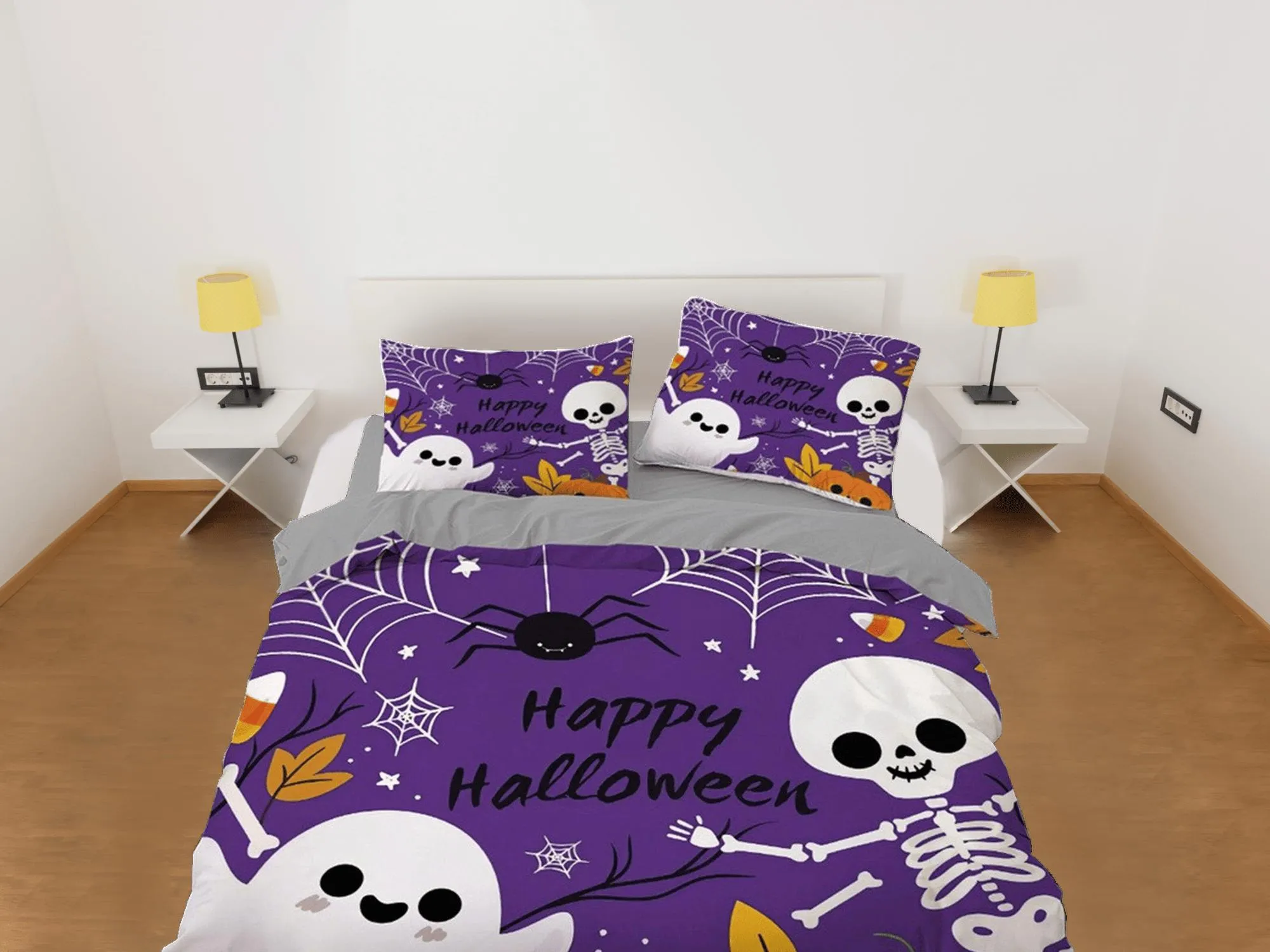 Cute ghost, spider and skeleton halloween bedding & pillowcase, purple duvet cover, dorm bedding, halloween decor gift, toddler bedding