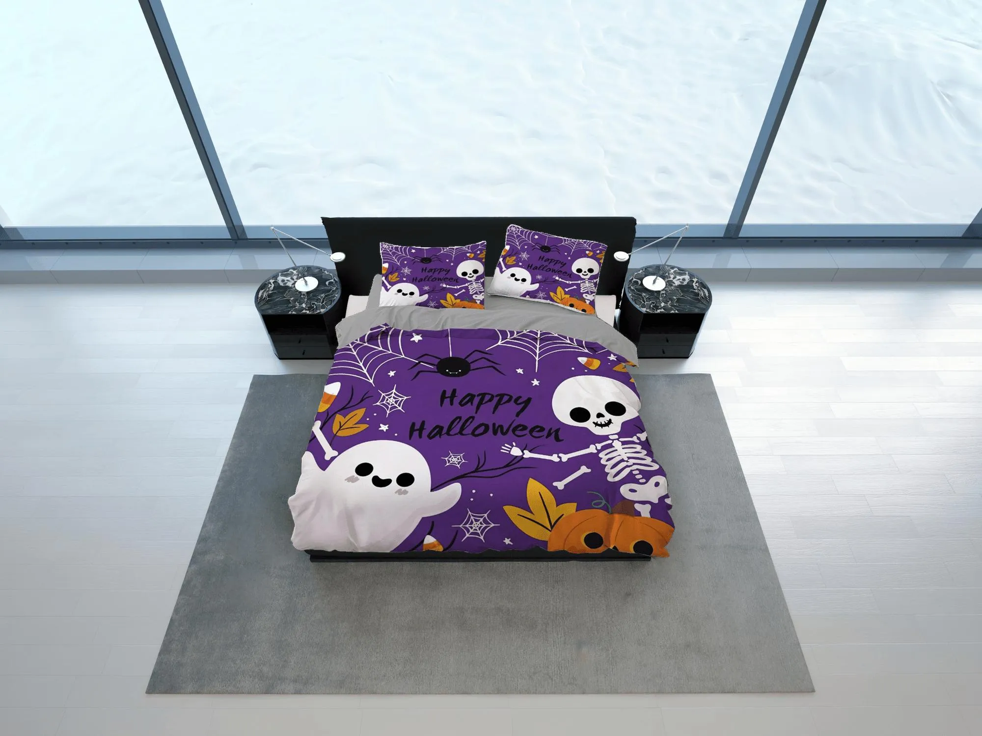 Cute ghost, spider and skeleton halloween bedding & pillowcase, purple duvet cover, dorm bedding, halloween decor gift, toddler bedding