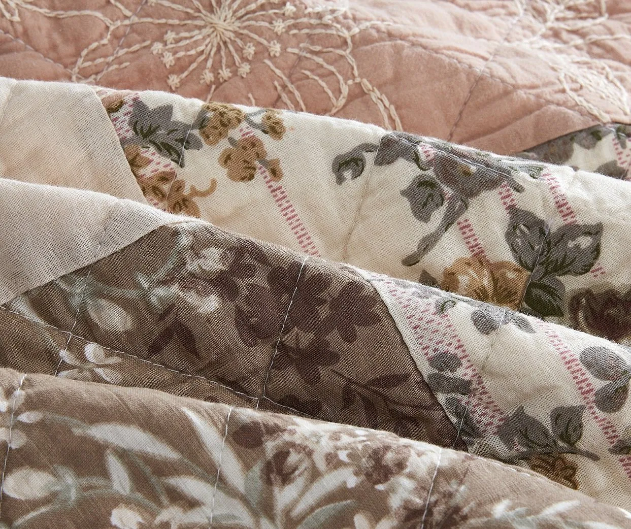 DaDa Bedding Dusty Rose Taupe Beige Brown Floral Cottage Patchwork Quilted Bedspread Set (JHW-866)