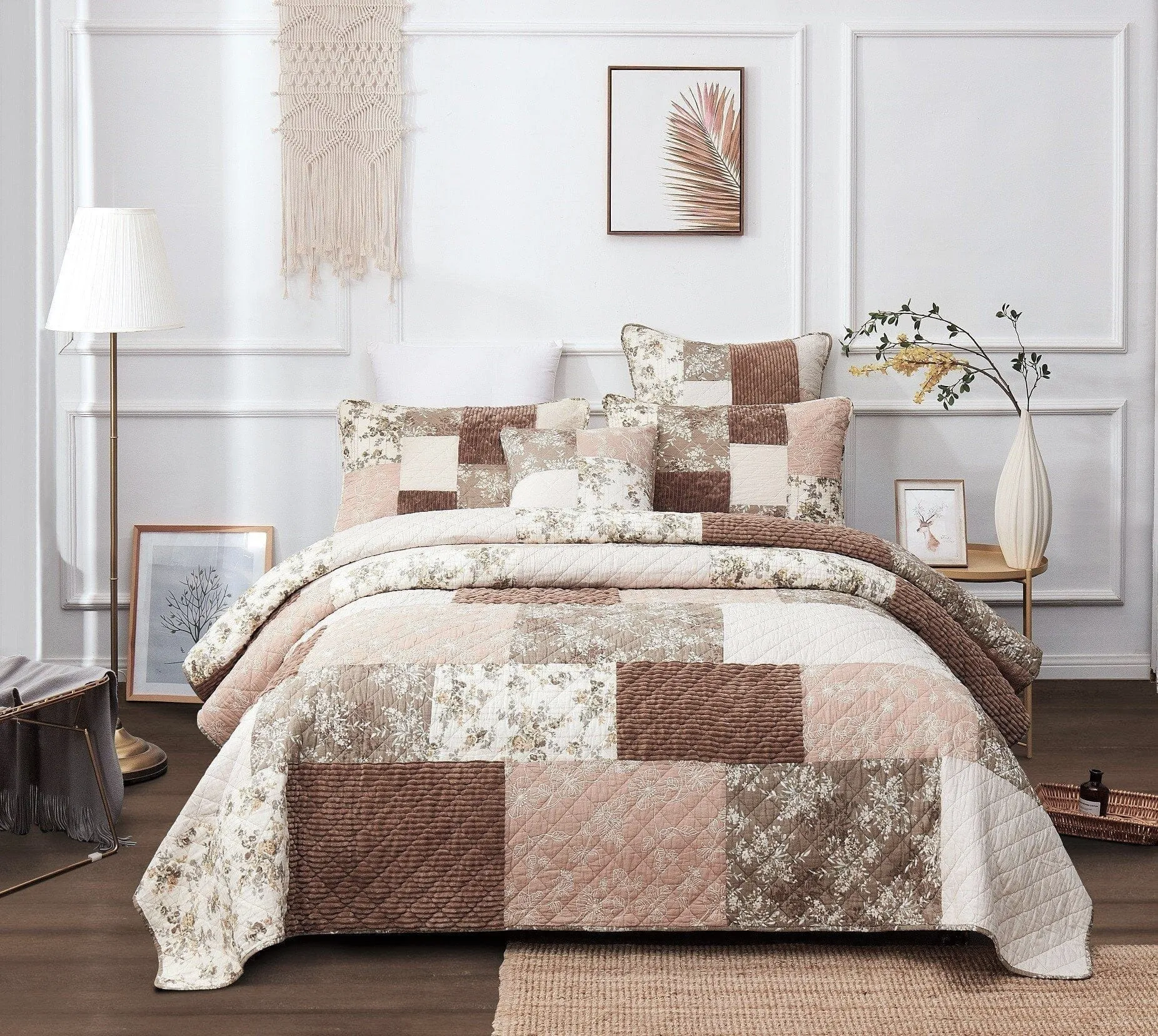 DaDa Bedding Dusty Rose Taupe Beige Brown Floral Cottage Patchwork Quilted Bedspread Set (JHW-866)