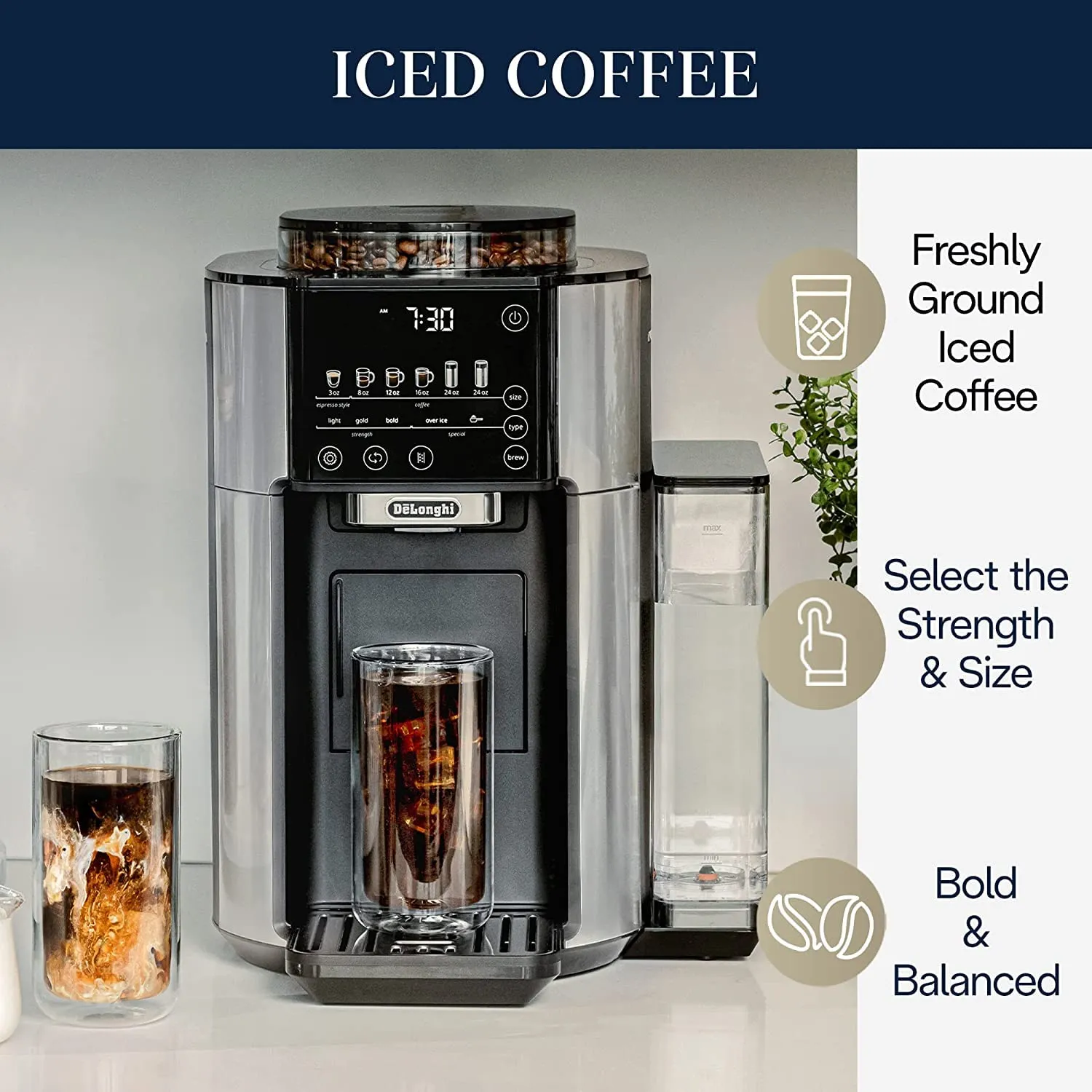 De'Longhi TrueBrew Drip Coffee Maker, Built in Grinder, Single Serve, 8 oz to 24 oz with 40 oz Carafe, Hot or Iced Coffee, Stainless,CAM51035M